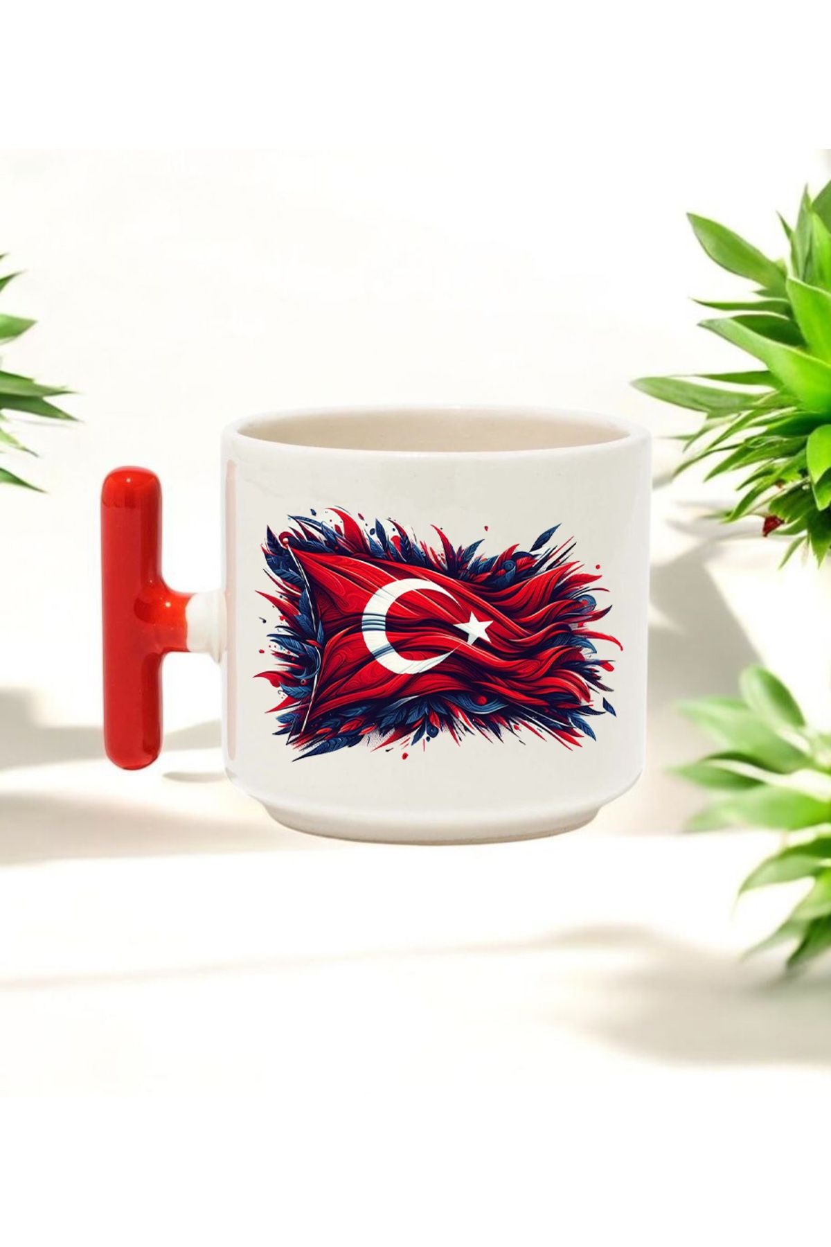 BB TRADE Türk Bayrağı Görsel Tasarımlı Kırmızı T Kulplu Seramik Baskılı Kupa Bardak 250 ML