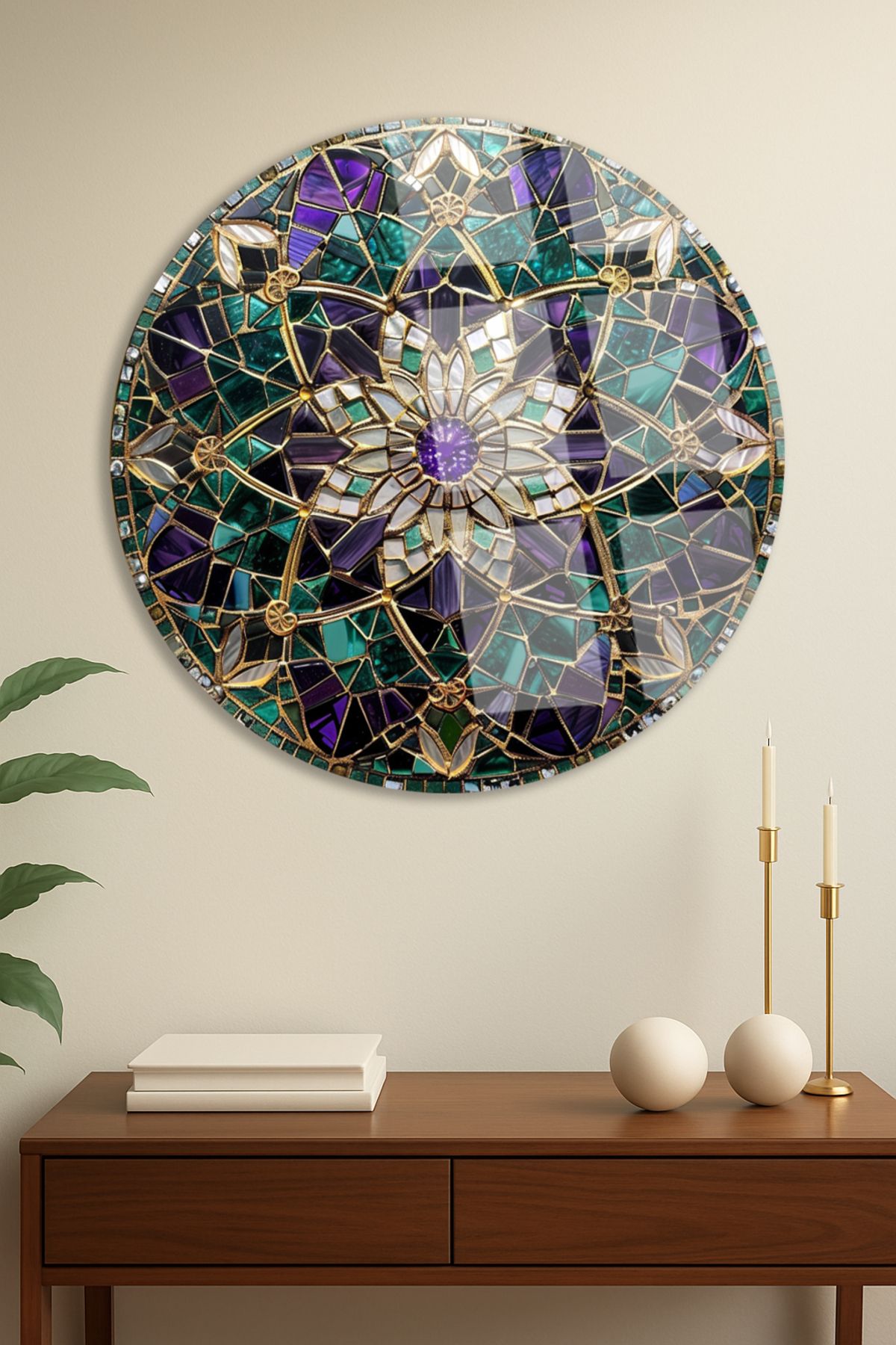 TAULART Altın Çerçeveli Mandala Çiçek Desenli Yuvarlak Kırılmaz Cam Tablo Modern Tablo Ev Hediyesi Tablo