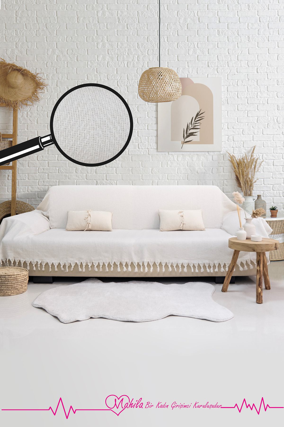 Mahila Klasik Pamuklu Koltuk Örtüsü | 180x300 cm Kolları Örten Balık Sırtı Desen Koltuk Örtüsü