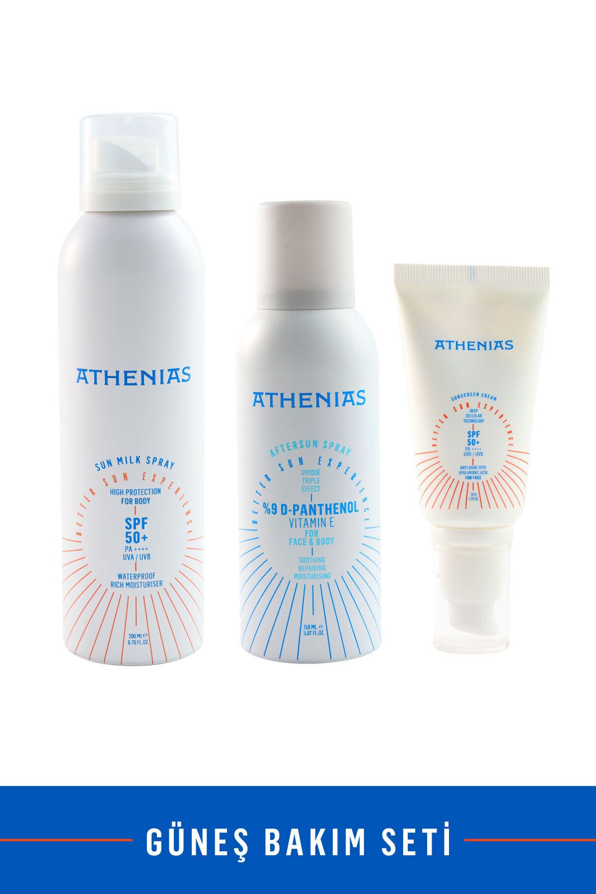 Athenias Güneş Bakım Seti Vücut güneş kremi + Yüz güneş kremi + Güneş sonrası spray