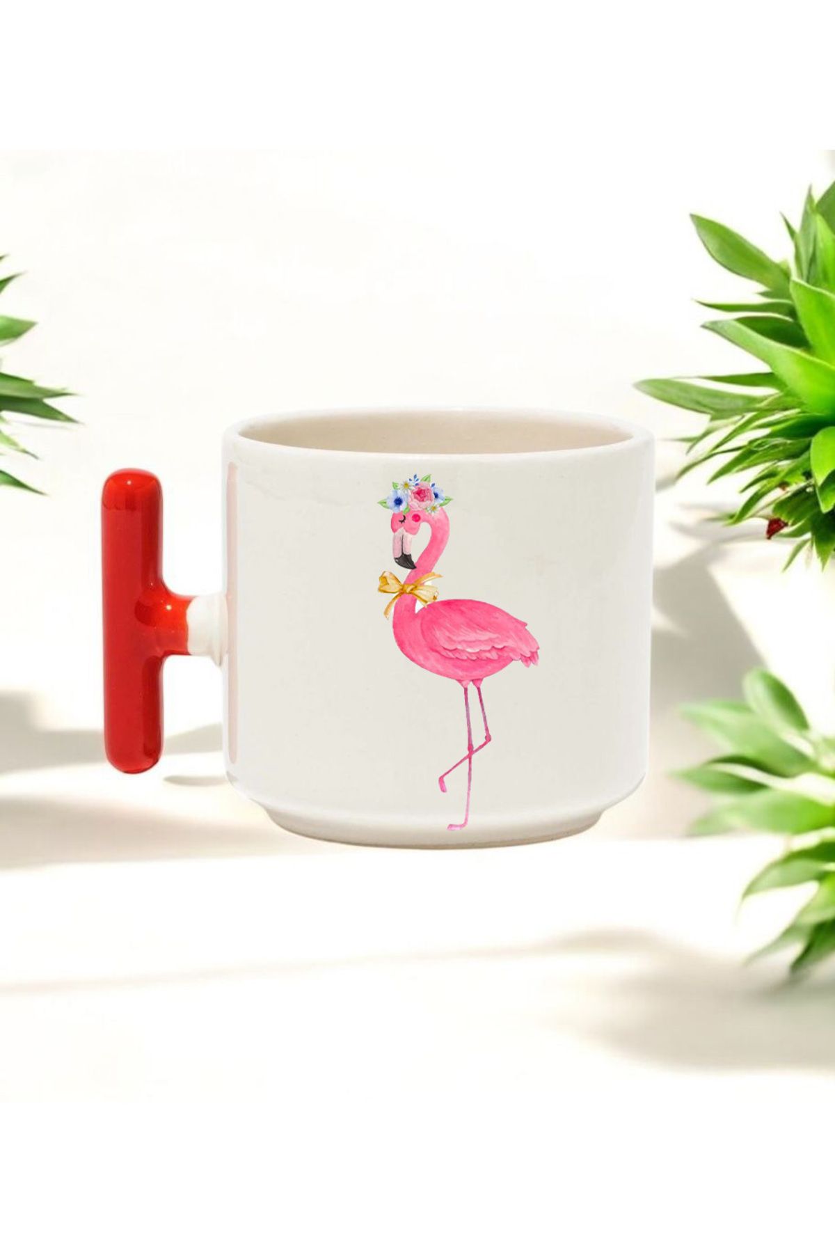BB TRADE Flamingo Tasarımlı Kırmızı T Kulplu Seramik Baskılı Kupa Bardak 250 ML
