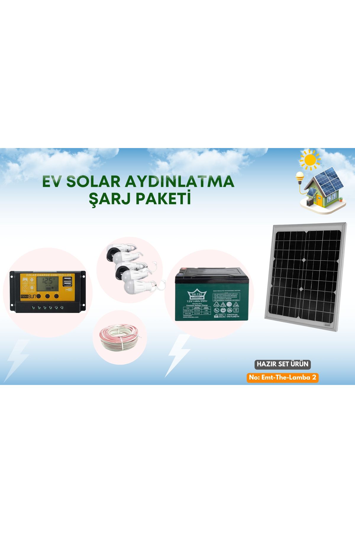 TNL 25 Watt Monokristal Panelli Güneş Enerji Seti 5 Ampüllü Solar Aydınlatma Ve Telefon Şarj
