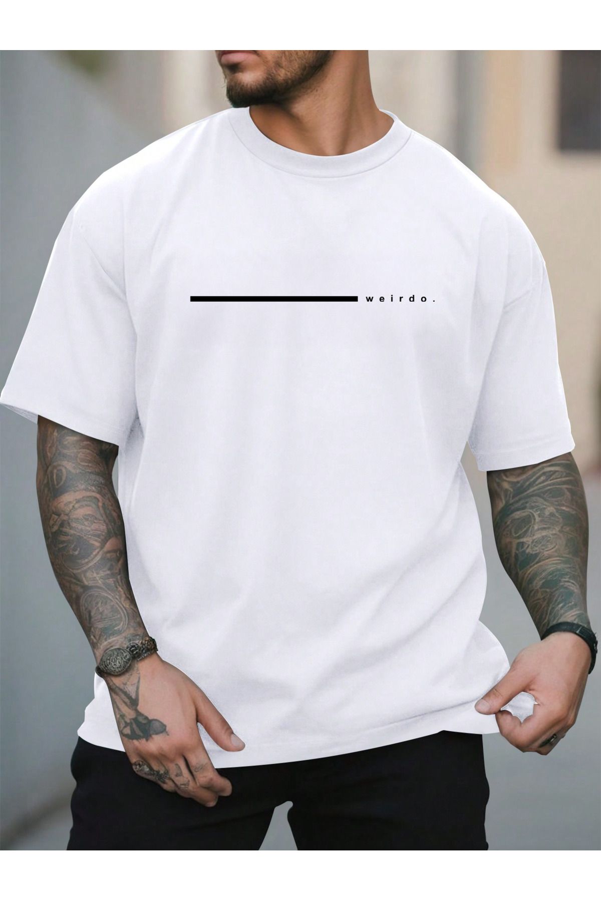 EFFRENATU Weirdo Baskılı Pamuklu Kumaş Bisiklet Yaka Beyaz Kısa Kol Erkek T-shirt