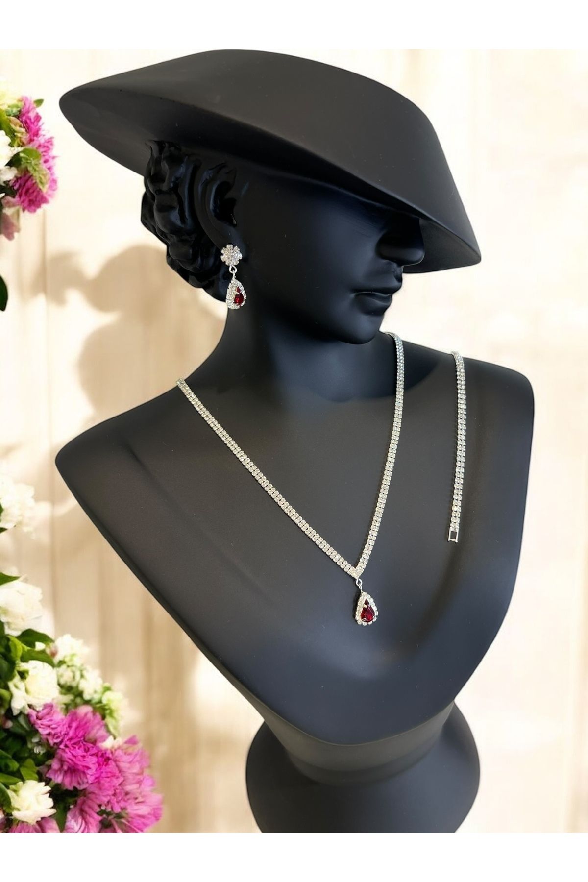 BEREN KILIÇ Rose Bordo Kristal Taşlı Takı Seti Kolye Küpe Bileklik Hediye Set Düğün Nişan Söz Nikah Takı Seti