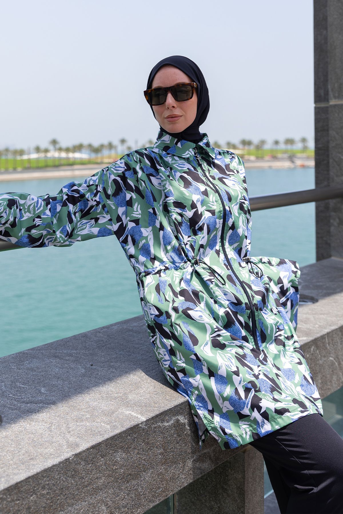 Minel-Women's Blue Green Full Covered Hijab Swimsuit Short Set of 2 K-056 5