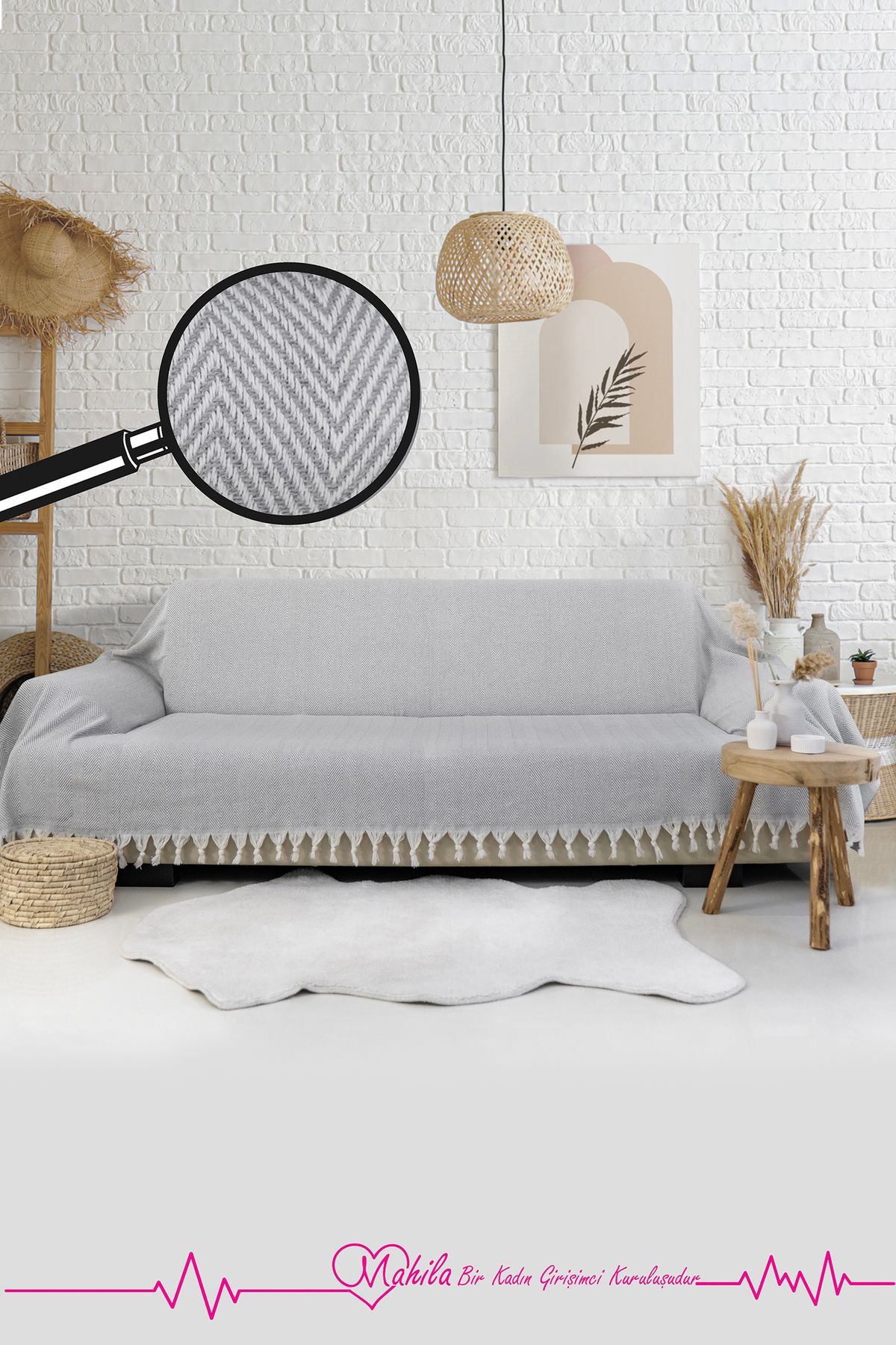 Mahila Klasik Pamuklu Koltuk Örtüsü | 180x300 cm Kolları Örten Balık Sırtı Desen Koltuk Örtüsü