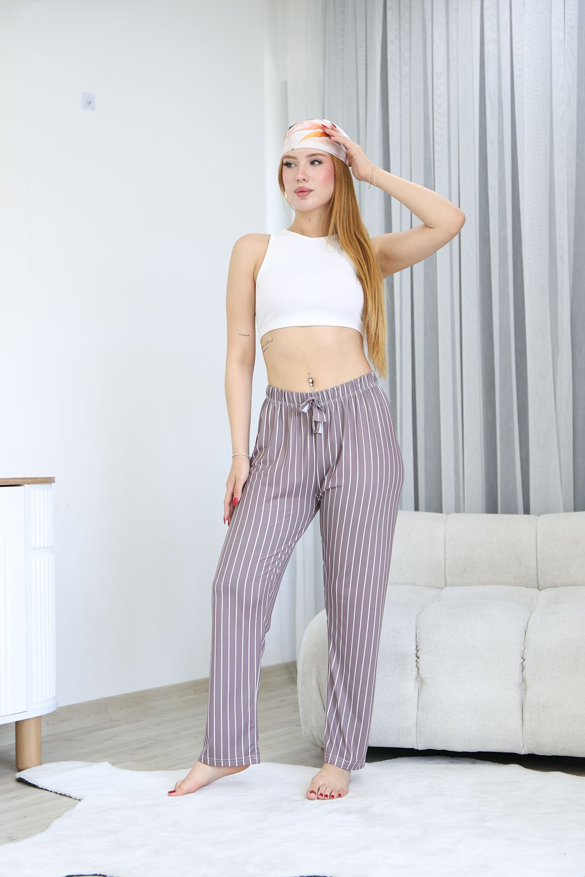 Arvin Pijama Kadın Kahve Çizgili Yumuşak Dokulu Milans Pijama Altı