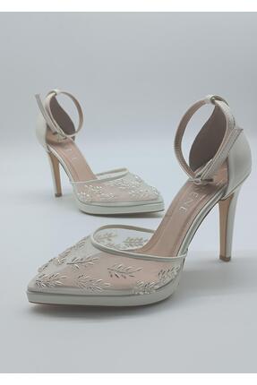 RUXENE KLORA TÜL EL İŞLEMESİ TAŞ DETAYLI DERİ 10,5 CM TOPUK ÖZEL GELİN AYAKKA...