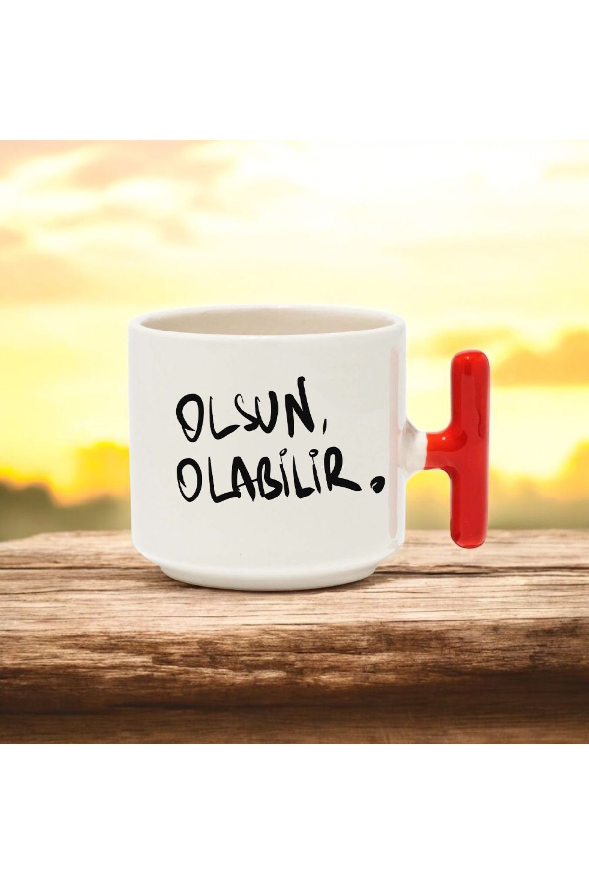 BB TRADE Olsun Olabilir Tasarımlı Kırmızı T Kulplu Seramik Baskılı Kupa Bardak 250 ML