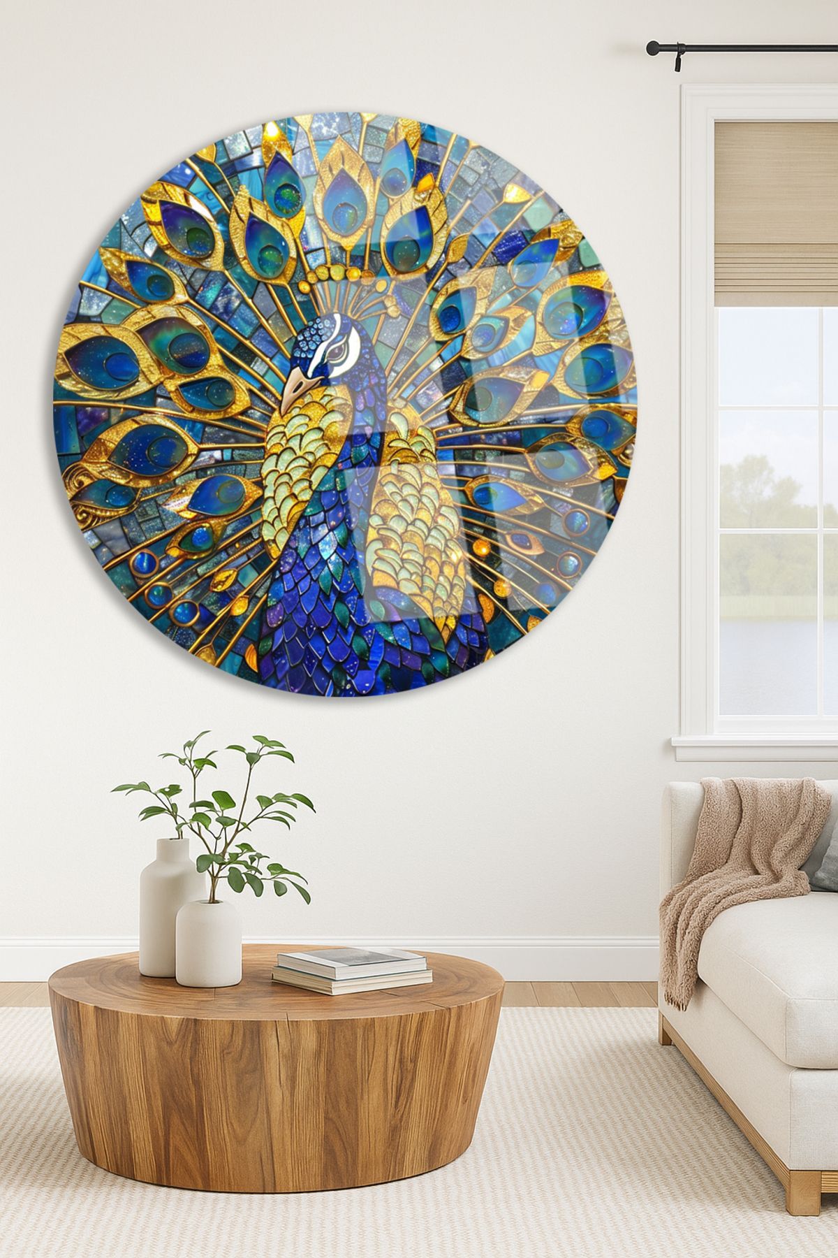 TAULART Vitray Efektli Gösterişli Tavus Kuşu Yuvarlak Kırılmaz Cam Tablo Modern Tablo Ev Hediyesi Tablo