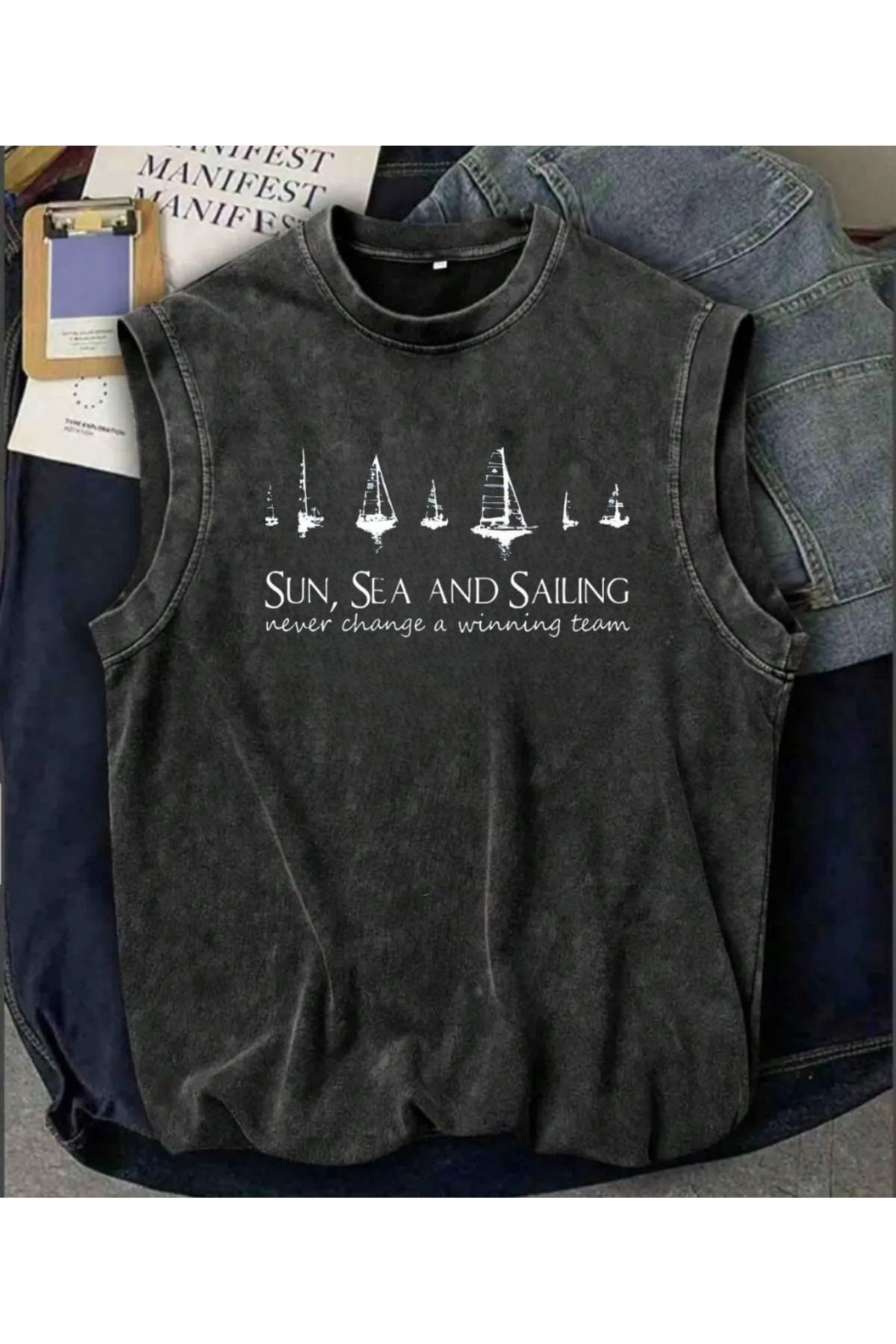 Touz Moda Holiday Line Sun Sea and Sailing Kolsuz Atlet Bisiklet Yaka Yıkamalı Vintage Unisex Oversize T-Shirt