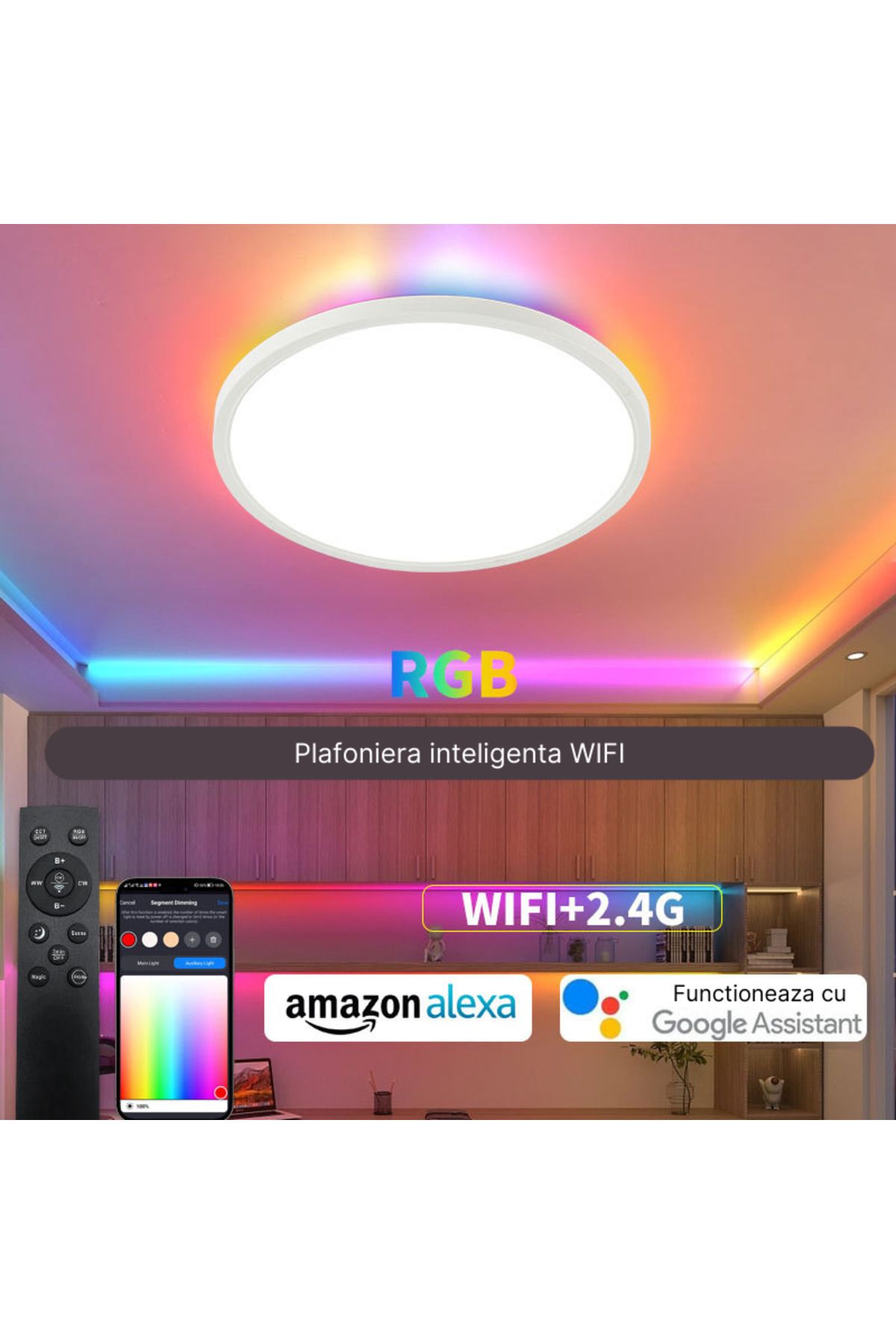 MaGeCa-Intelligent LED Ceiling Light, RGB 24w, Adjustable Temperature and Light Intensity, Remote Control 8
