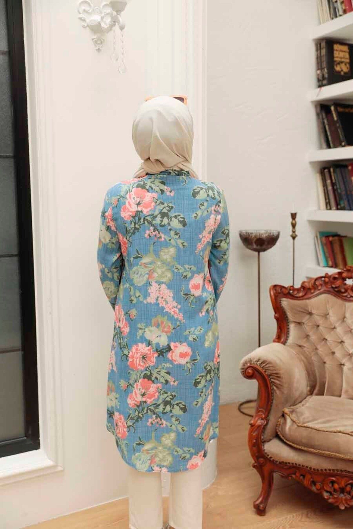 Neva Style-تونيك حجاب أزرق منقوش 11541م 4