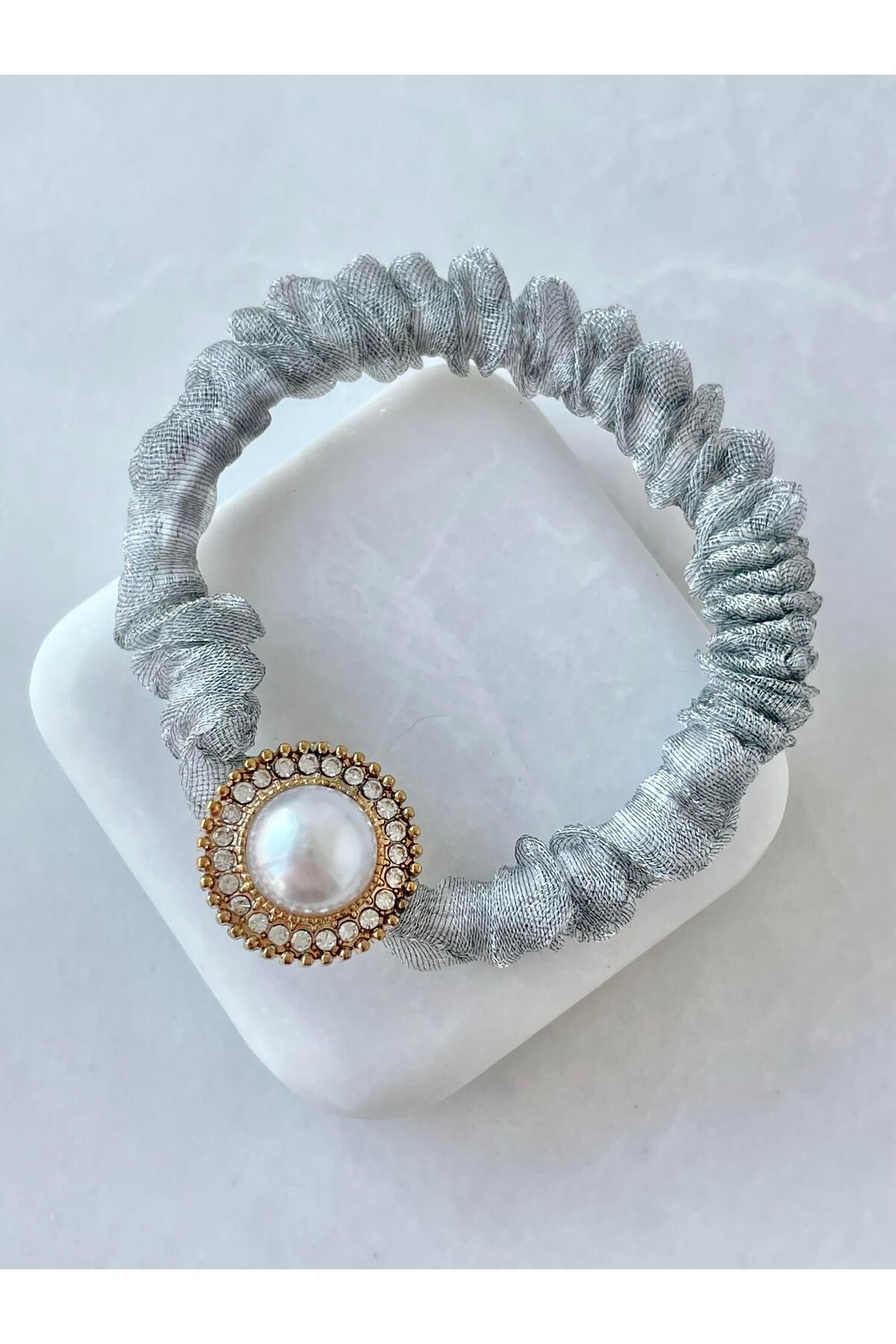 Seda Bijuteri İnci ve Gömme Taşlı Tül Scrunchie Toka Gri