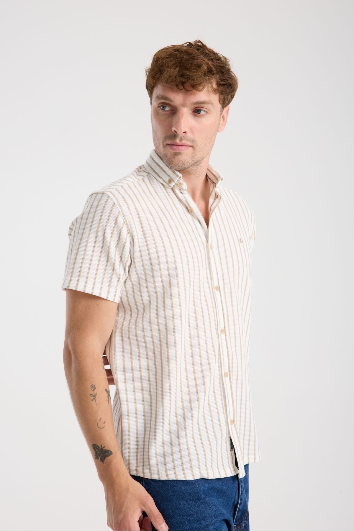 Sabe Erkek Slim Fit Likralı Nefes Alan Örme Çizgili Kısa Kol Gömlek