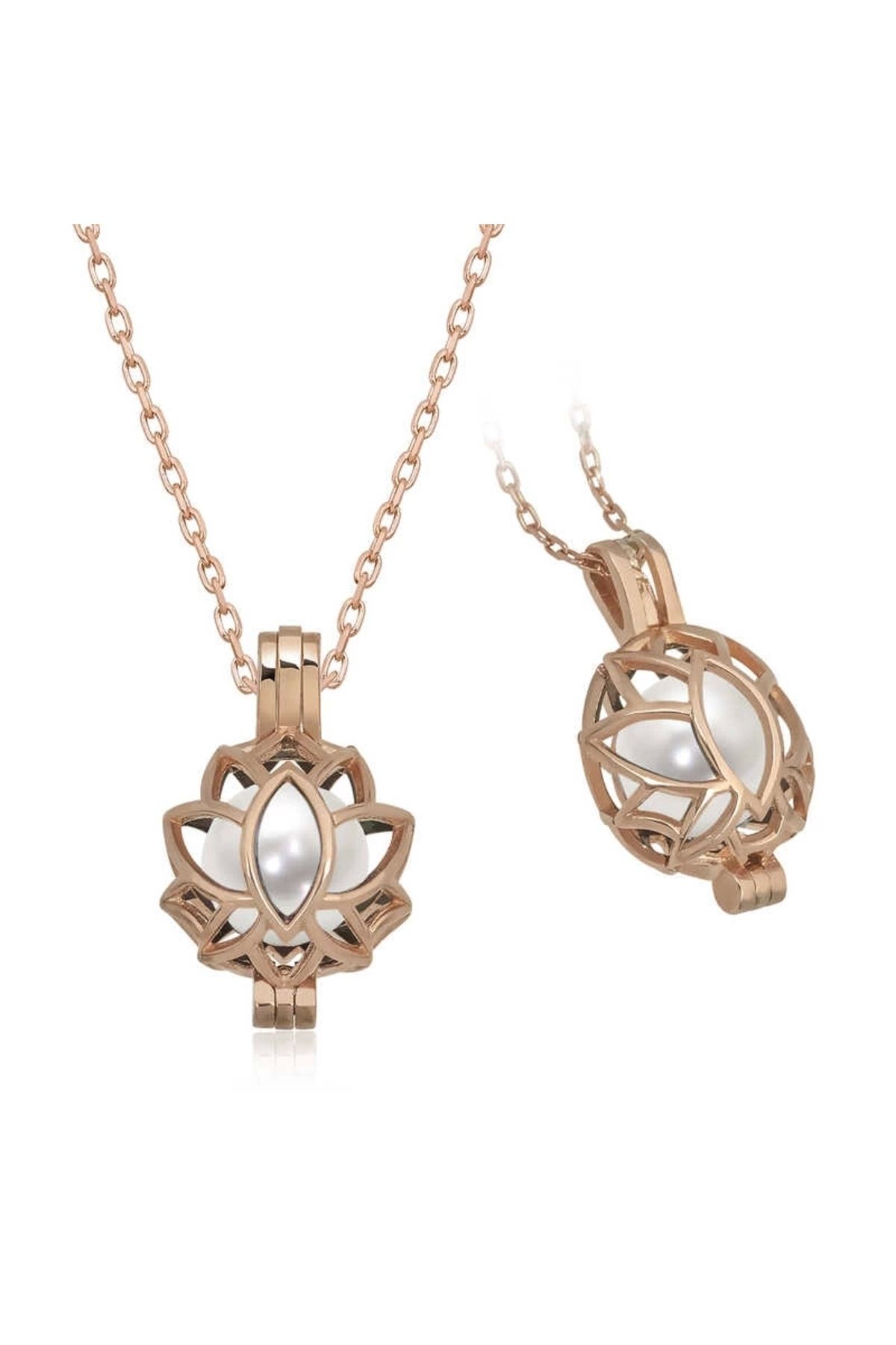 Gumush Gümüş Rose Beyaz İnci Kafesli Lotus Kadın Kolye