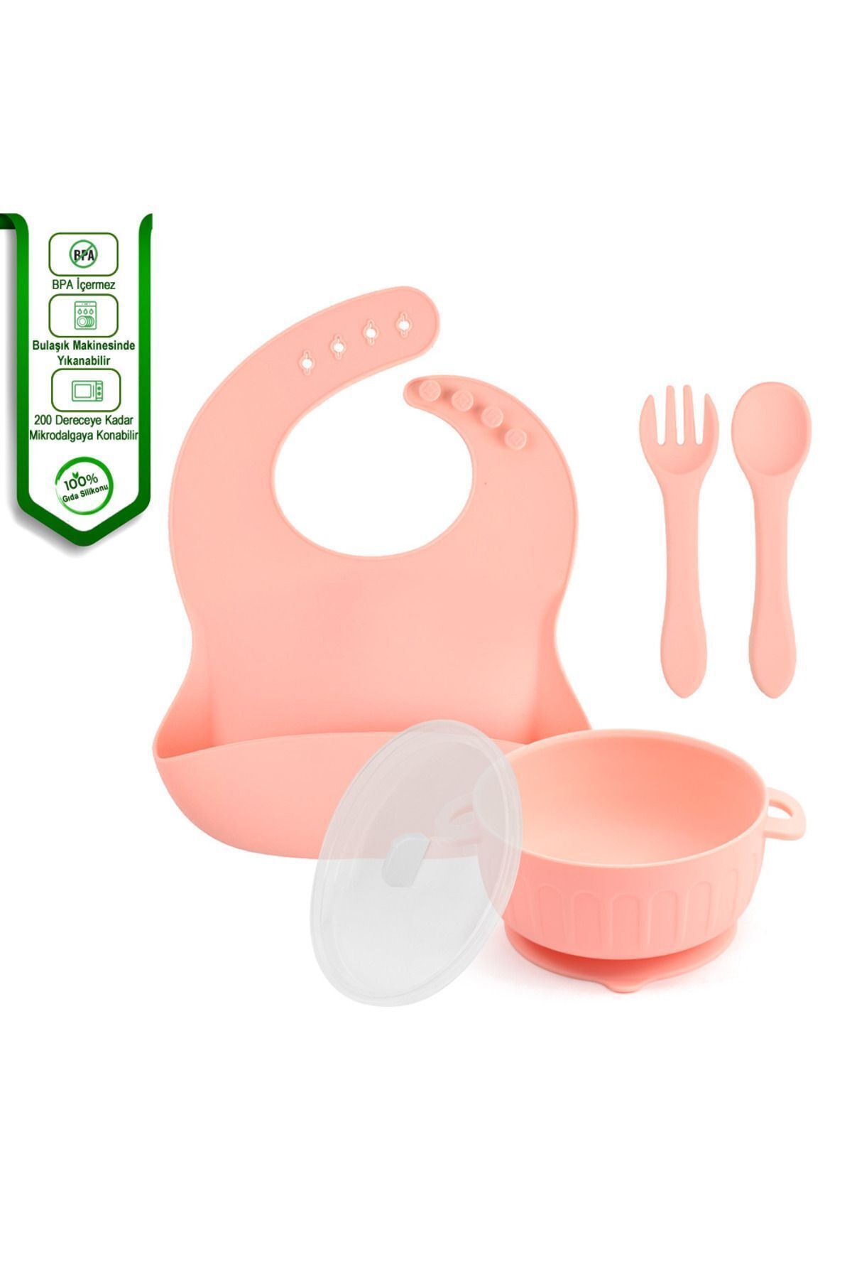 jojobebek Silikon Beslenme Seti, Mama Tabağı, Kase, Pipet, Bardak, Emzik Kılıfı, Önlük, Çatal-Kaşık(Pembe Renk fotoğrafı 4 (önizleme)