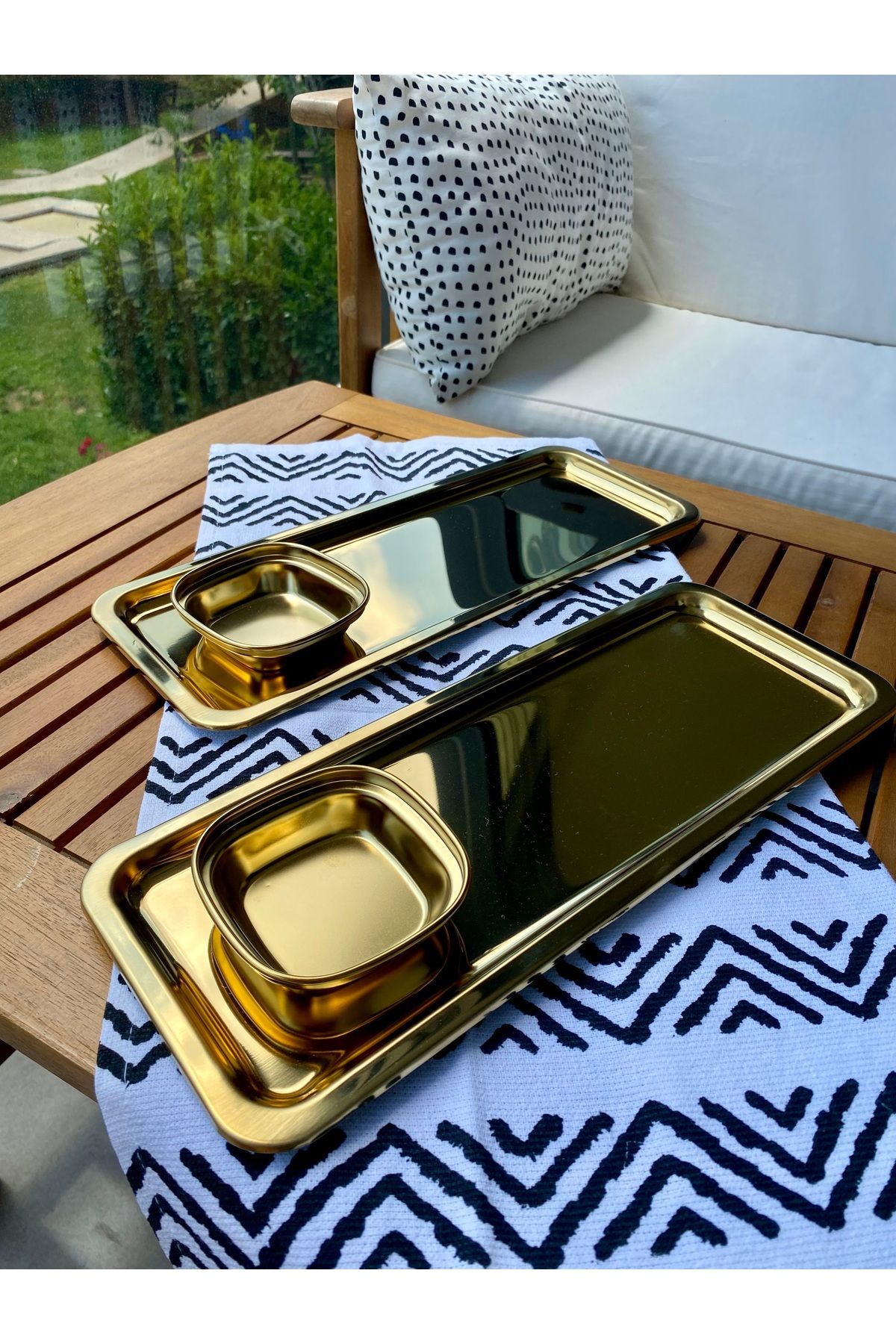 Home Paslanmaz Çelik Gold Sunum Tepsisi 33x13 cm Dar Metal Dikdörtgen Kahve çay Pasta sunum tepsisi