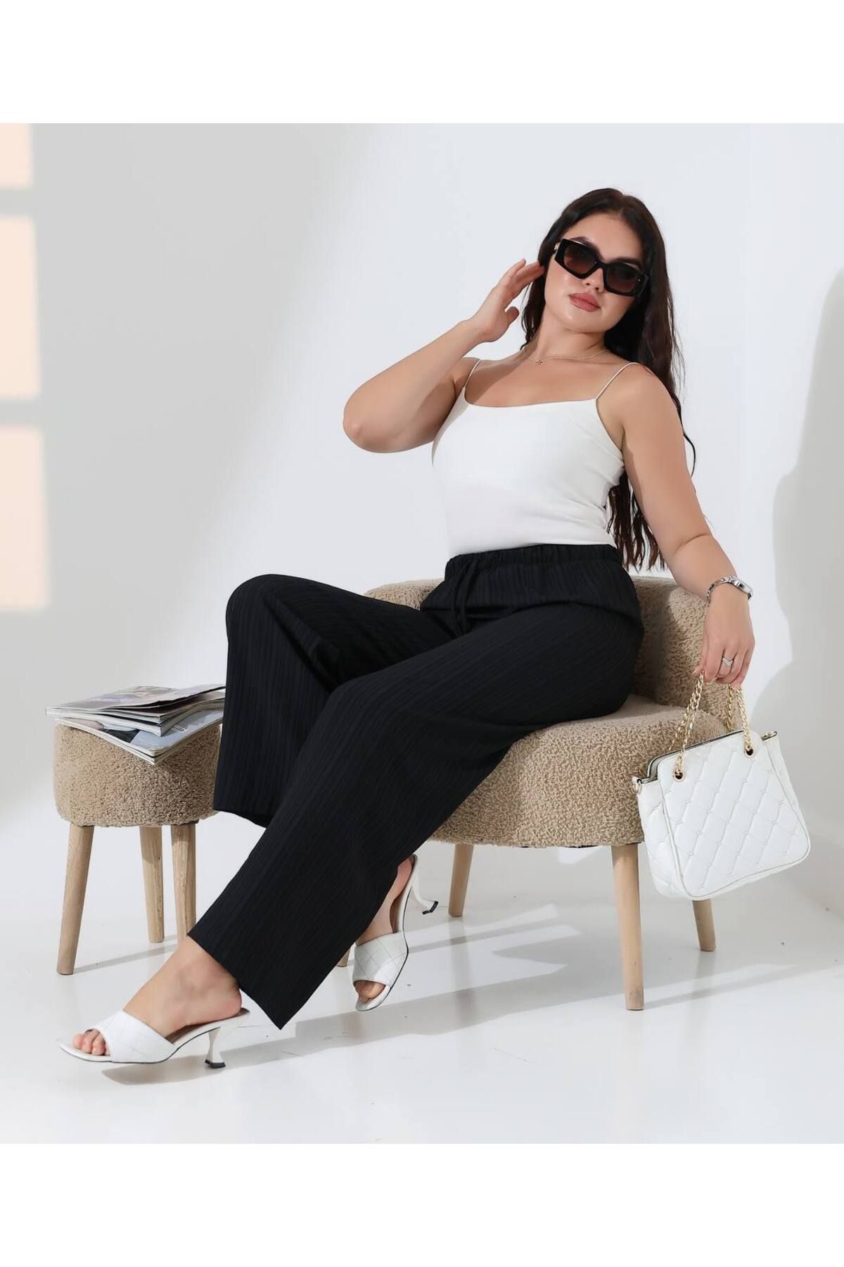NovaRopa Kadın Siyah Beli Lastikli Bol Paça Pantolon-10LN0128