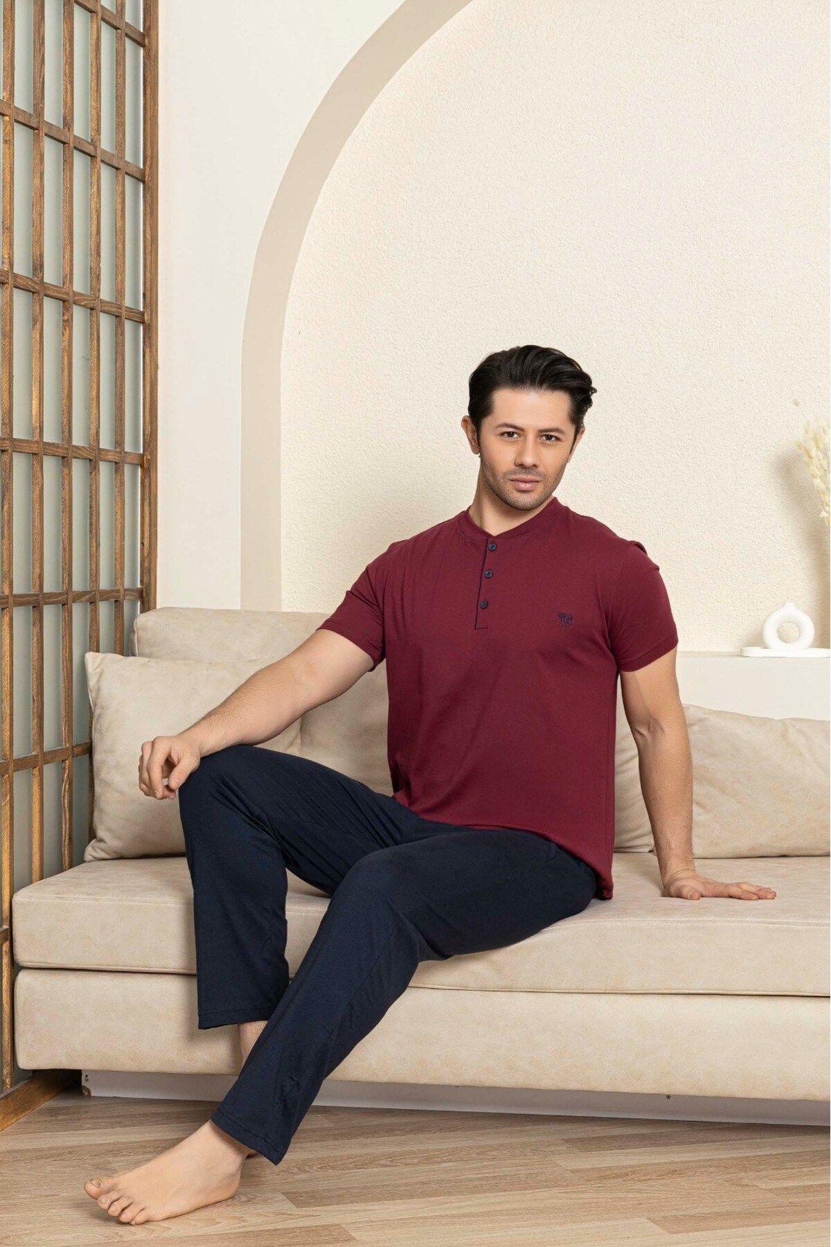 bie's Erkek 3 Düğmeli %100 Pamuk Yazlık Kısa Kol Cepli Pijama Takımı