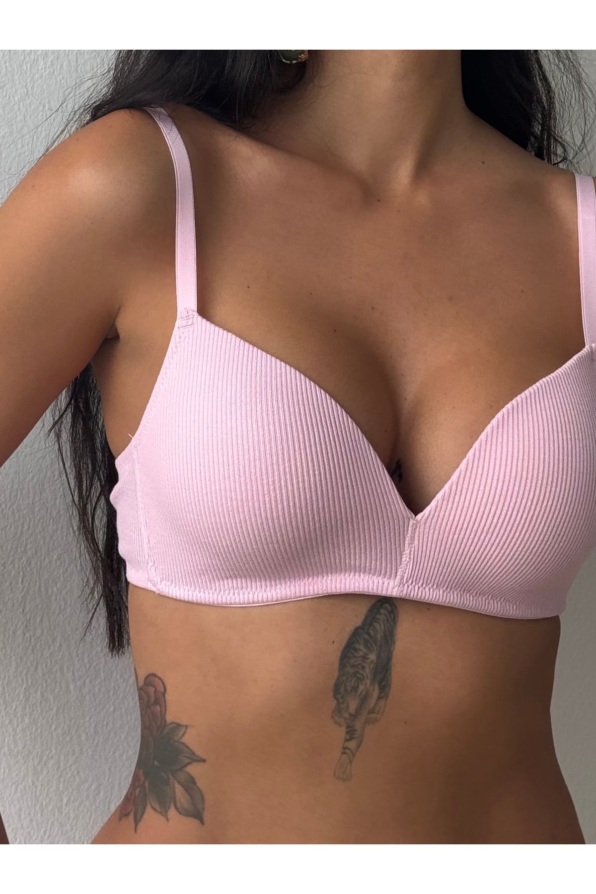 zeynforlove Çizgili Desteksiz Balensiz Pembe Sütyen