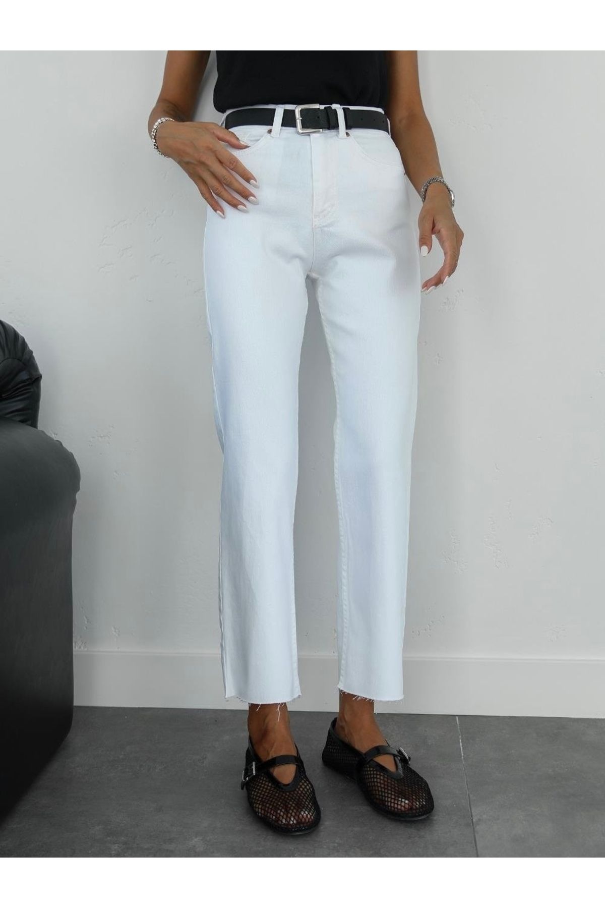 youlike butik Boyfit Kesik Paça jean Beyaz