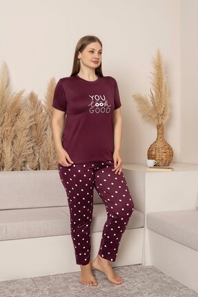 bie's Kadın Mürdüm Bisiklet Yaka Düğmesiz Battal Kesim Viskon Yazlık Kısa Kol...