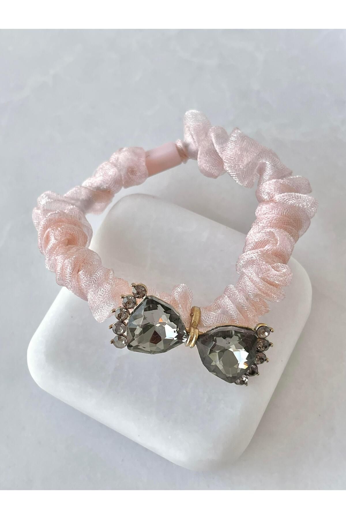 Seda Bijuteri Kristal Fiyonk Tül Scrunchie Toka Pembe