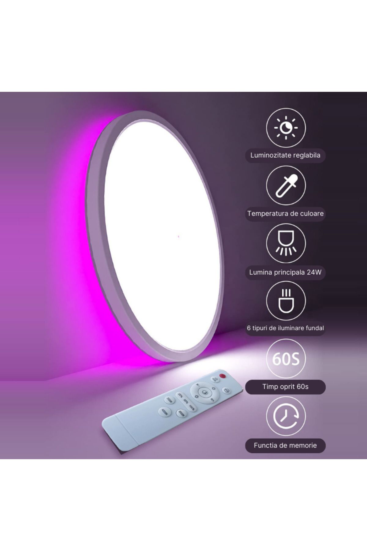 MaGeCa-Intelligent LED Ceiling Light, RGB 24w, Adjustable Temperature and Light Intensity, Remote Control 3