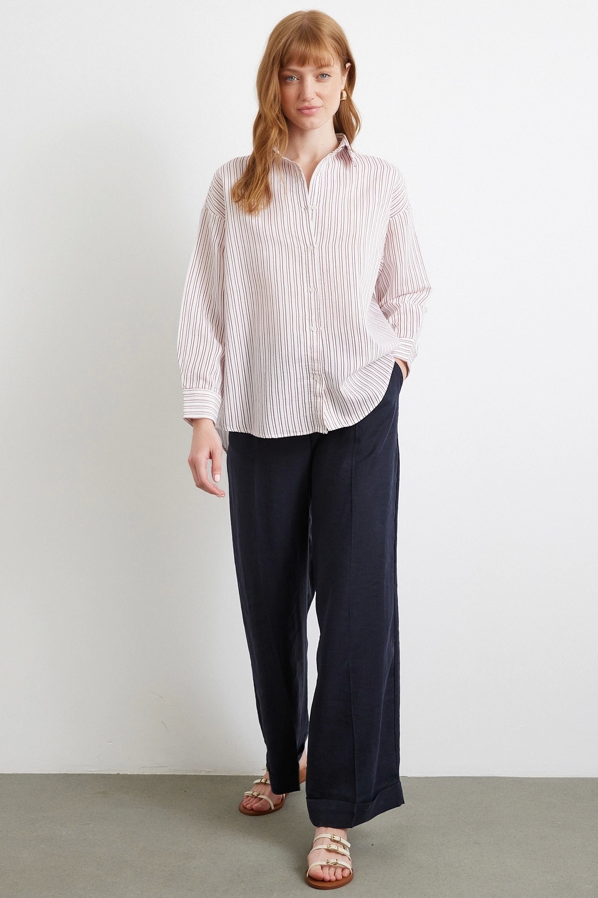 Never more  Simetrik Çizgili Gömlek Bordo - Görsel 2