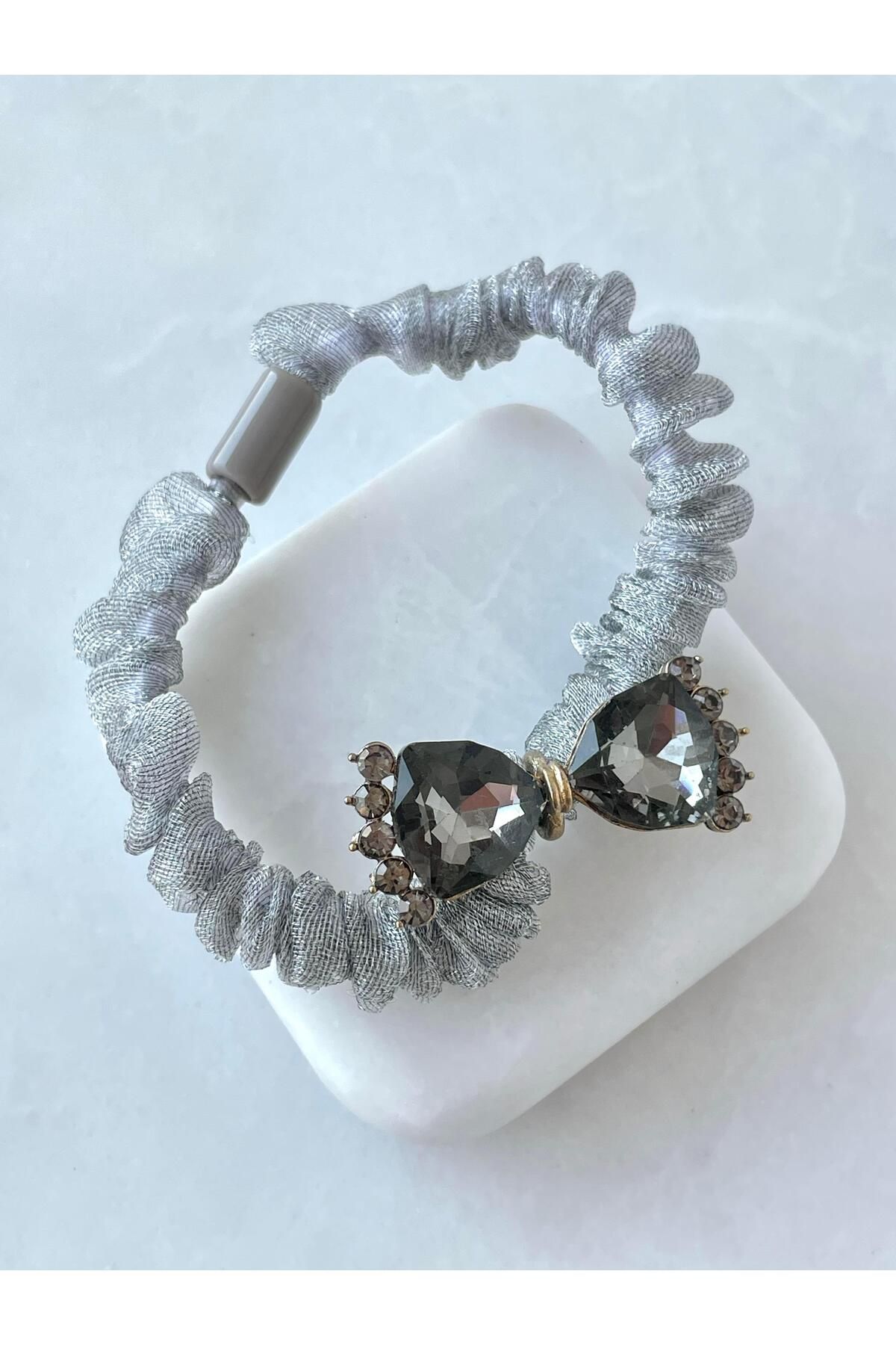 Seda Bijuteri Kristal Fiyonk Tül Scrunchie Toka Gri