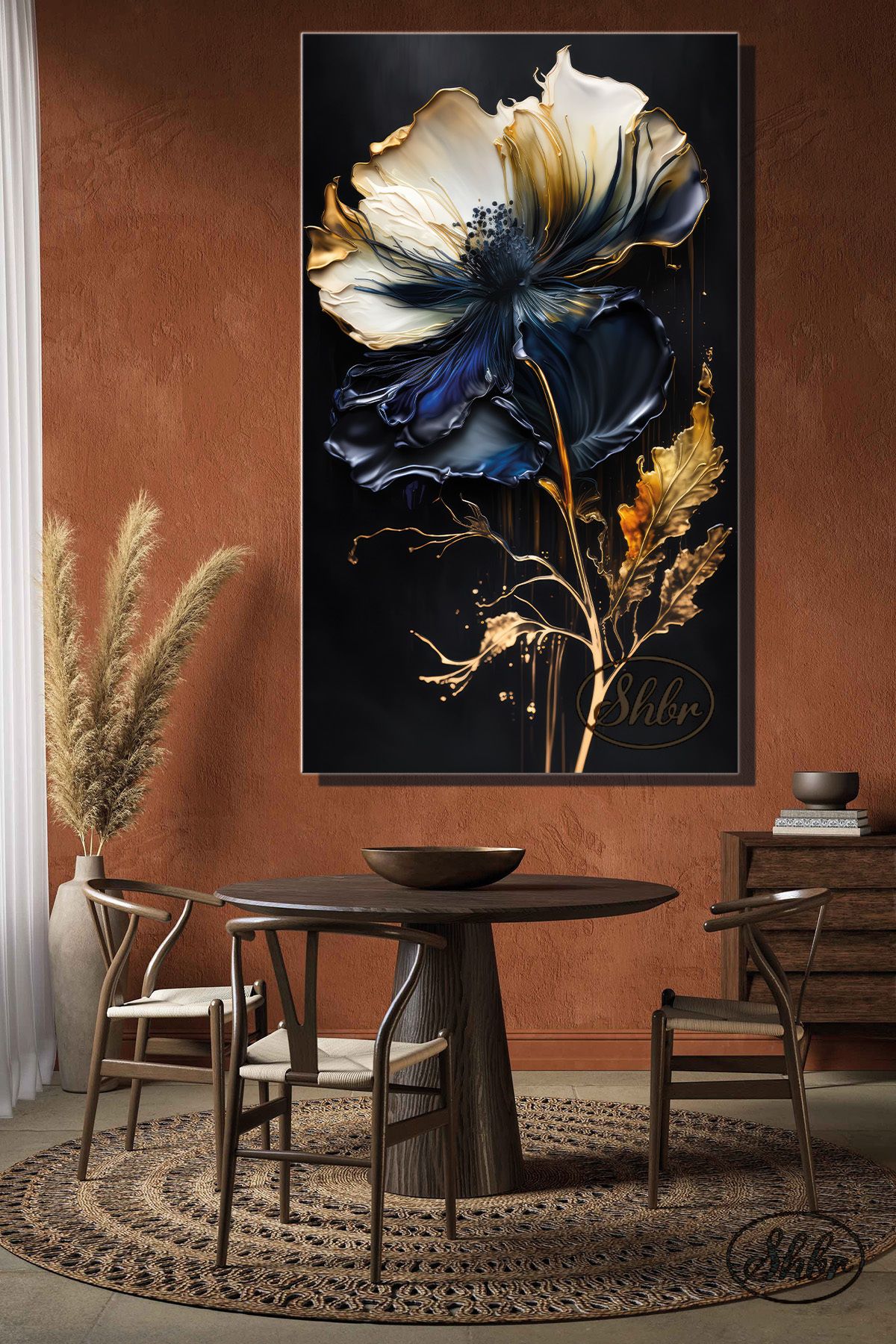 Şehber Tekli, Dikey, Kanvas, Dekoratif, Duvar, Tablosu , Gold Yapraklı Lacivert, Beyaz, Çiçek, 3D,