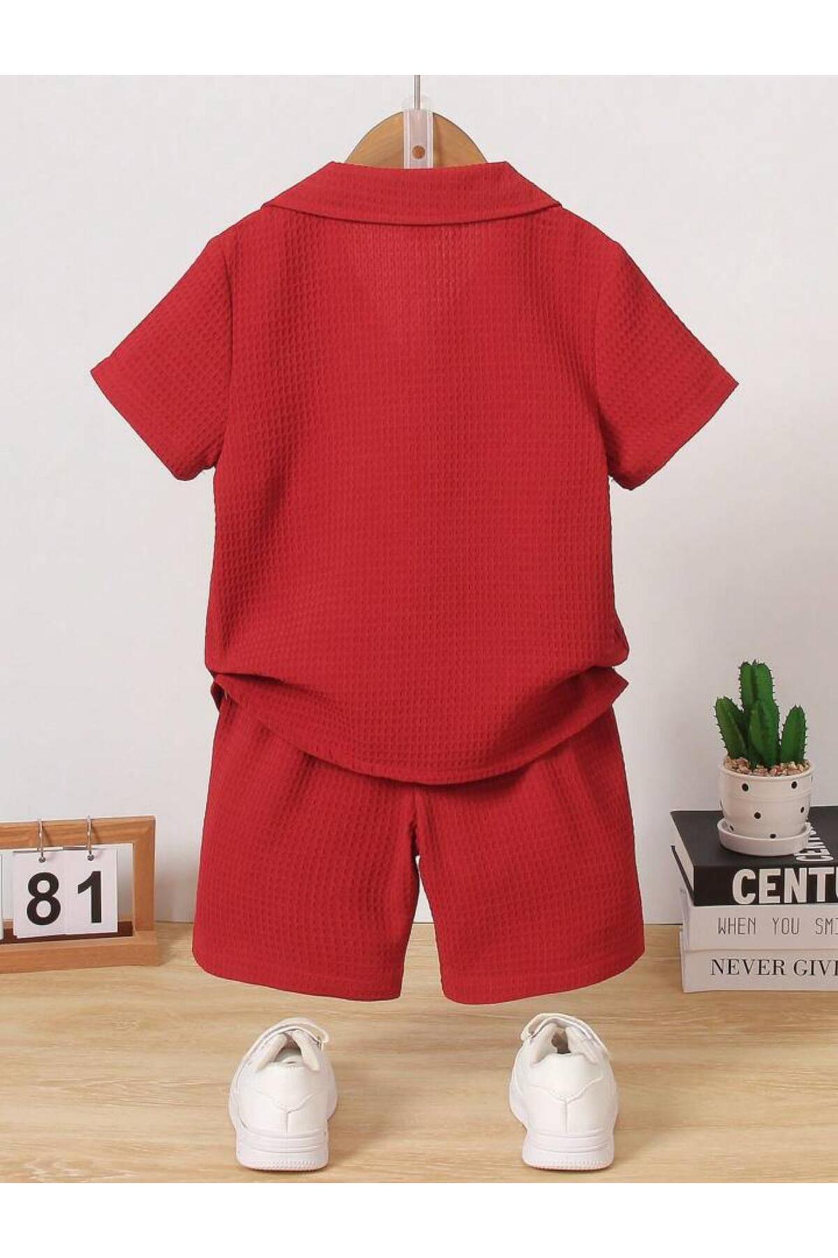 Bubito V Yaka Gömlek Detaylı Pamuklu Waffle Şort Takım-Kırmızı fotoğrafı 3 (önizleme)