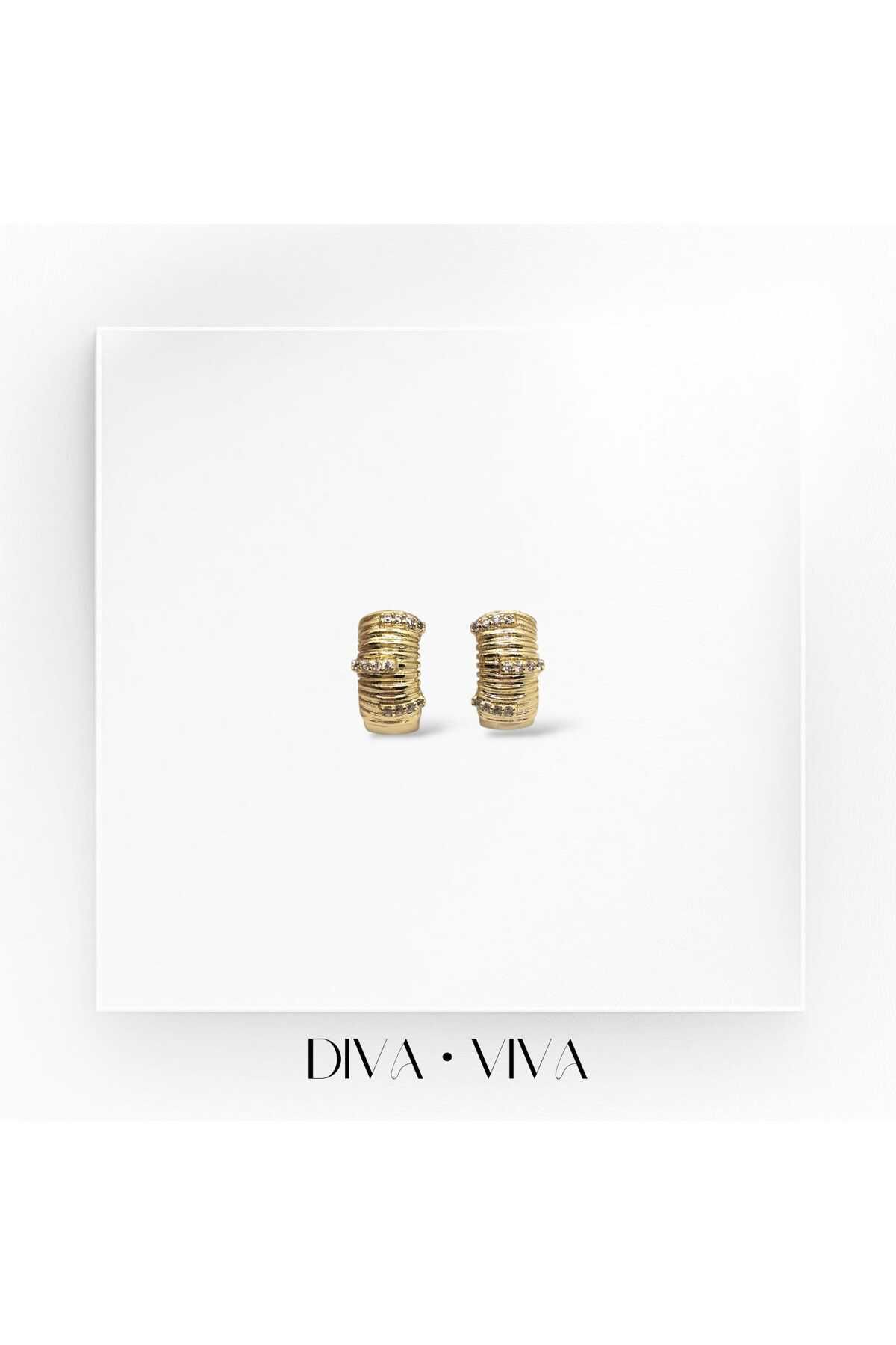 DivaViva Diva Viva - VIP 14K Taşlı Çizgili Mini Bombe Halka Kadın Striala Küpe