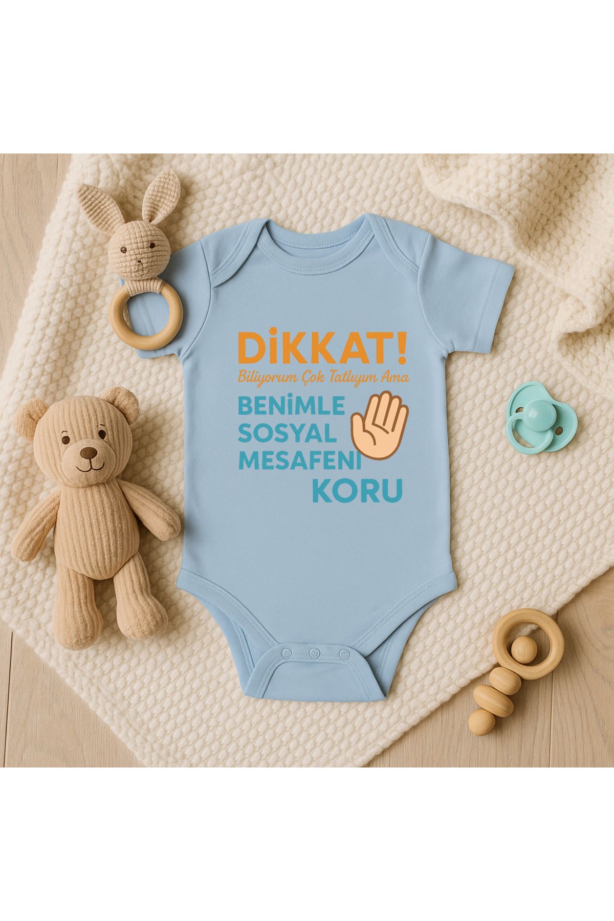 Magic Bravo %100 Pamuk Çok Tatlıyım Ama Baskılı Mavi Bebek Çıtçıtlı Badi Zıbın Body