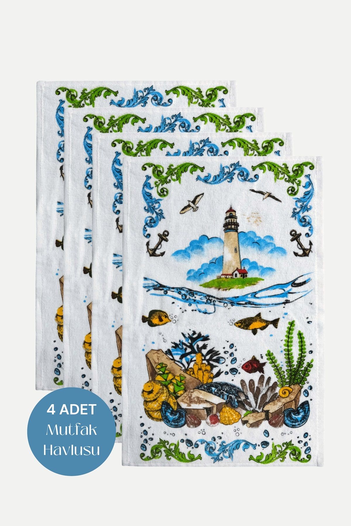 sevilya 4lü Paket Baskılı Beyaz Mutfak Havlusu Modeli