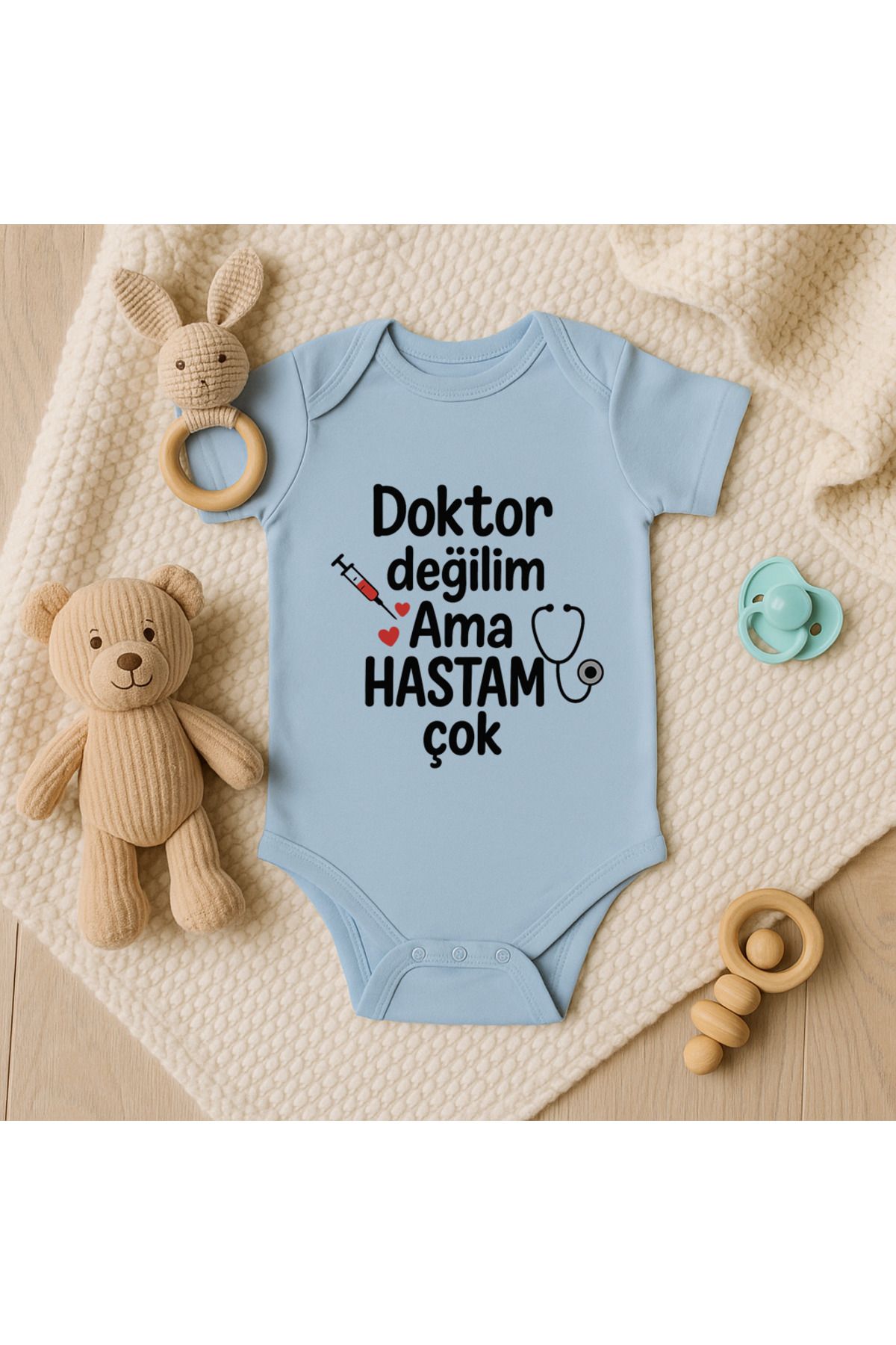 Magic Bravo %100 Pamuk Doktor Değilim Ama Hastam Çok Baskılı Mavi Bebek Çıtçıtlı Badi Zıbın Body