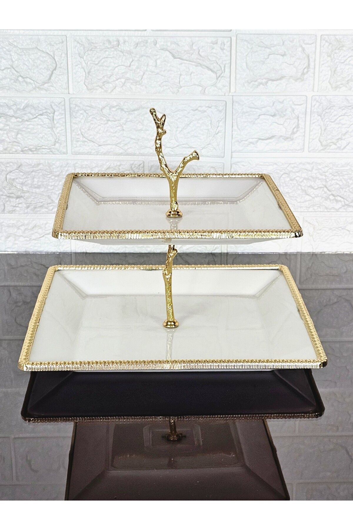 atabey home PORSELEN KARE DÖKÜM GOLD ÇERÇEVELİ 2 KATLI KURABİYELİK SADE 22+27 CM