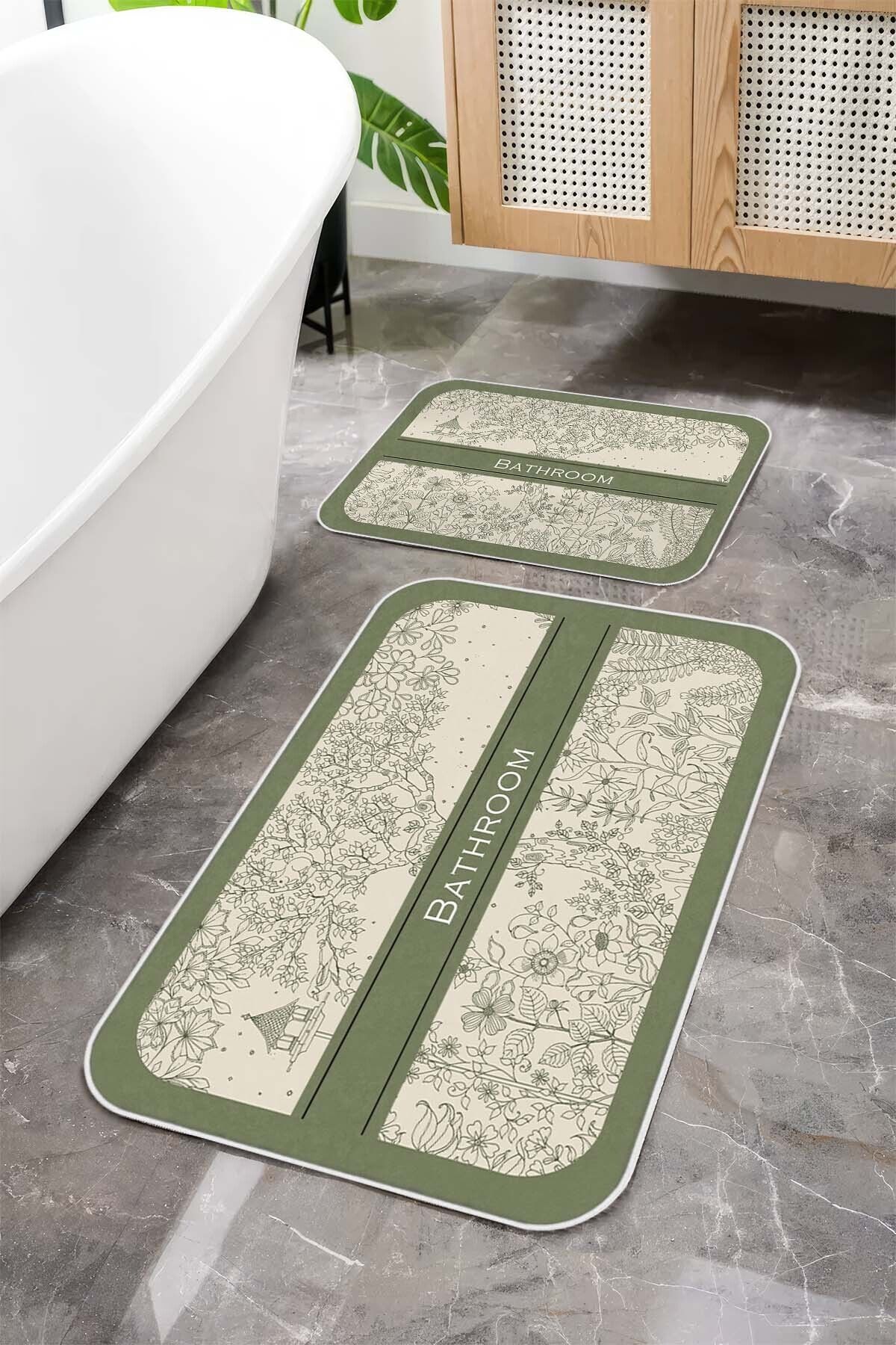 Argento Makinede Yıkanabilir Kaymaz Taban Modern Desenli Yeşil 2'li Banyo Paspas Takımı 60x90+40x60