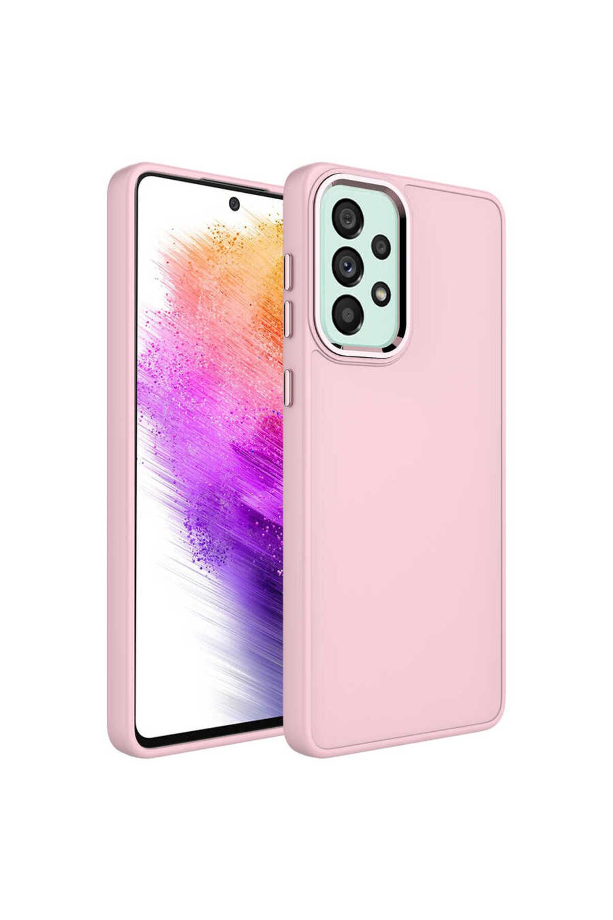 System Com Galaxy A23 Kılıf Metal Çerçeve ve Buton Tasarımlı Silikon SYS Luna Kapak - Pembe