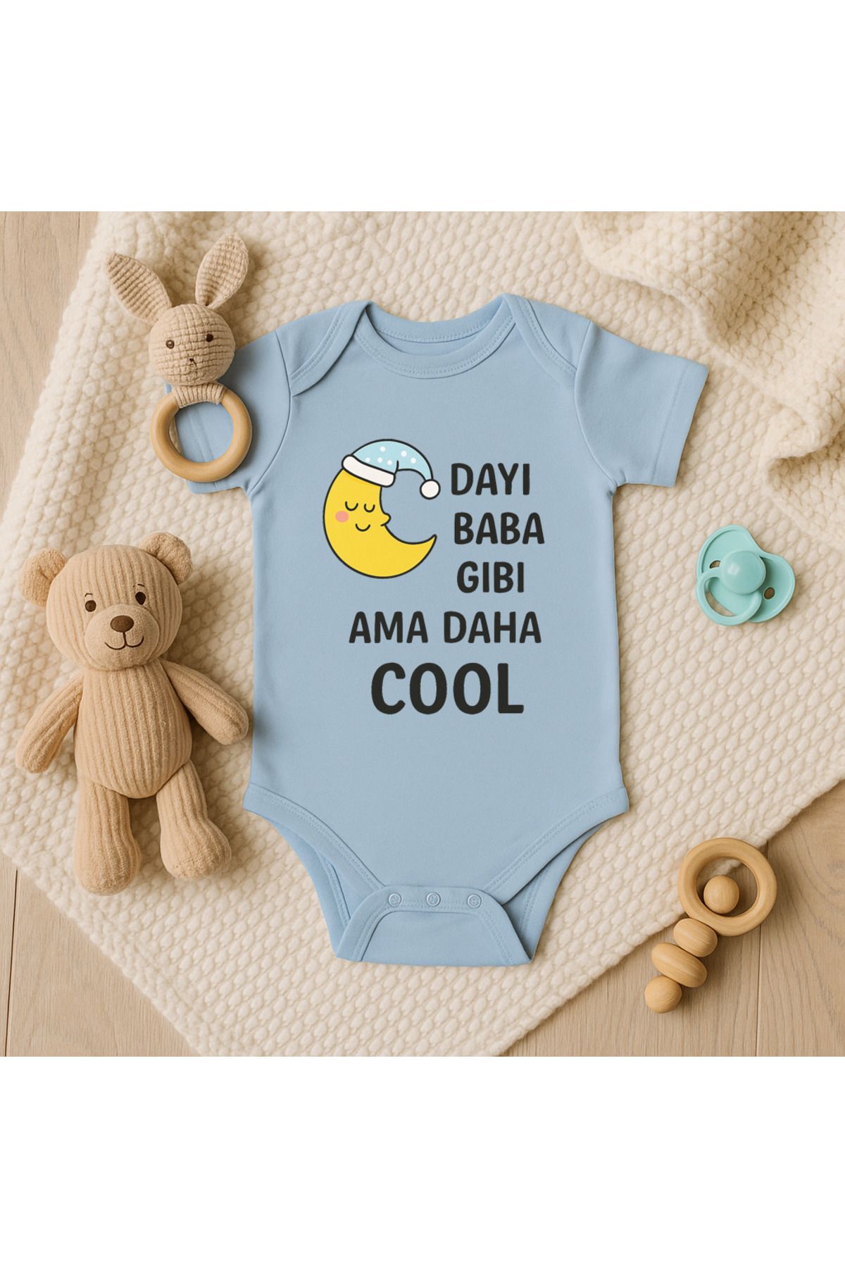 Magic Bravo %100 Pamuk Dayı Baba Gibi Ama Daha Cool Baskılı Mavi Bebek Çıtçıtlı Badi Zıbın Body