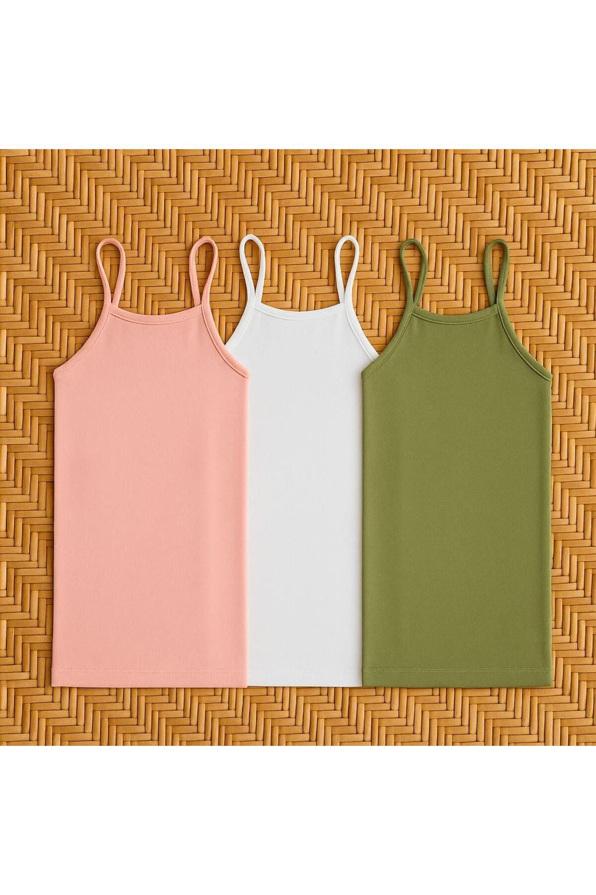 MODA Zumoo 3'lü Kadın Askılı Atlet Seti - Açık Pembe / Beyaz / Haki - L Beden