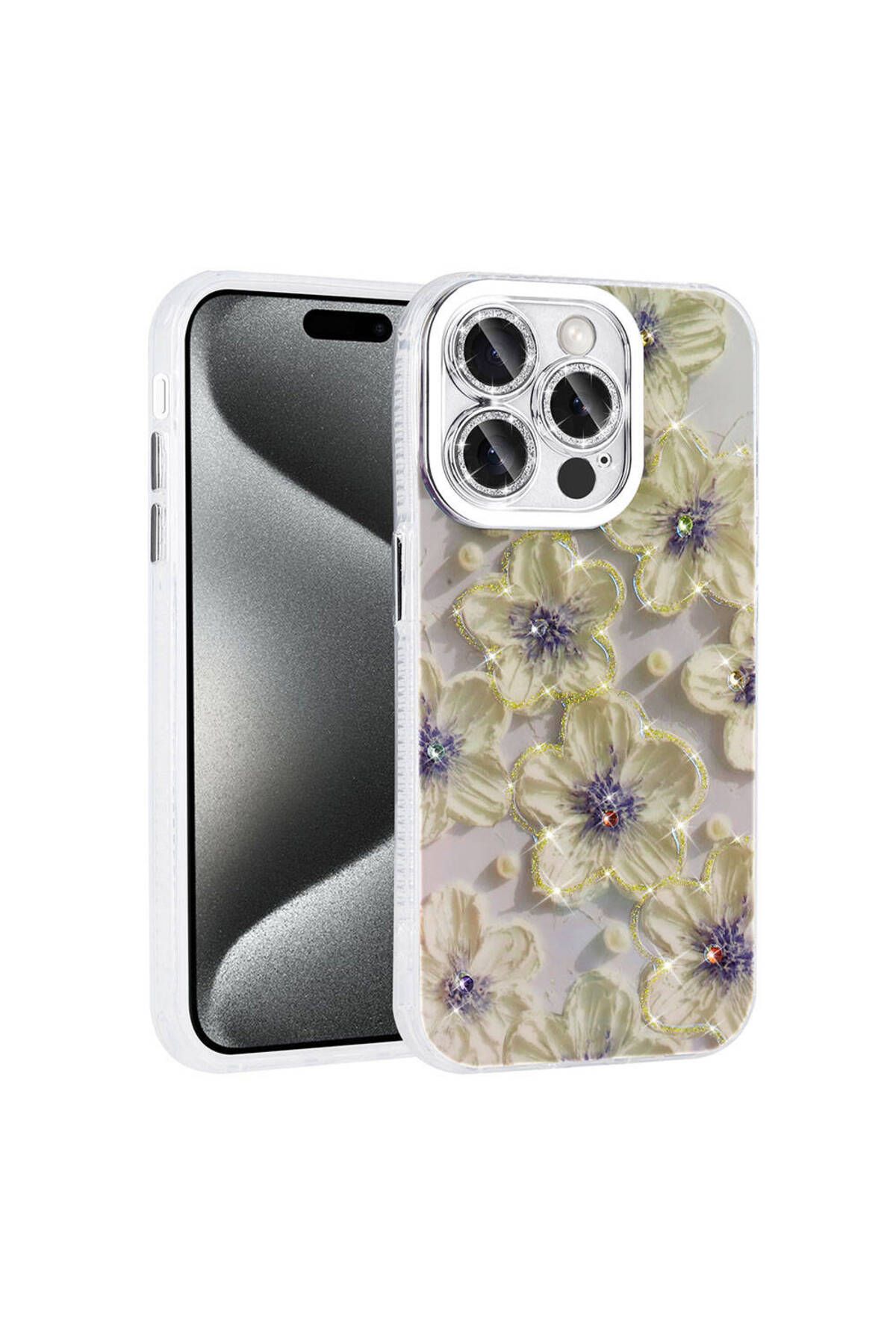 System Com iPhone 15 Pro Max Kılıf Çiçek Desenli Parlak Taşlı Sert Silikon SYS Garden Kapak - Mavi