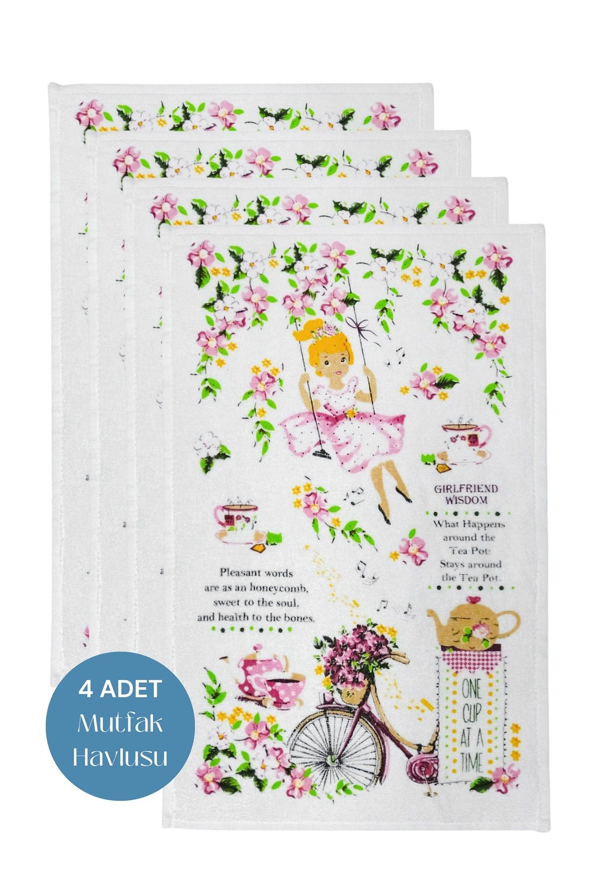 sevilya 4lü Paket Baskılı Beyaz Mutfak Havlusu Modeli
