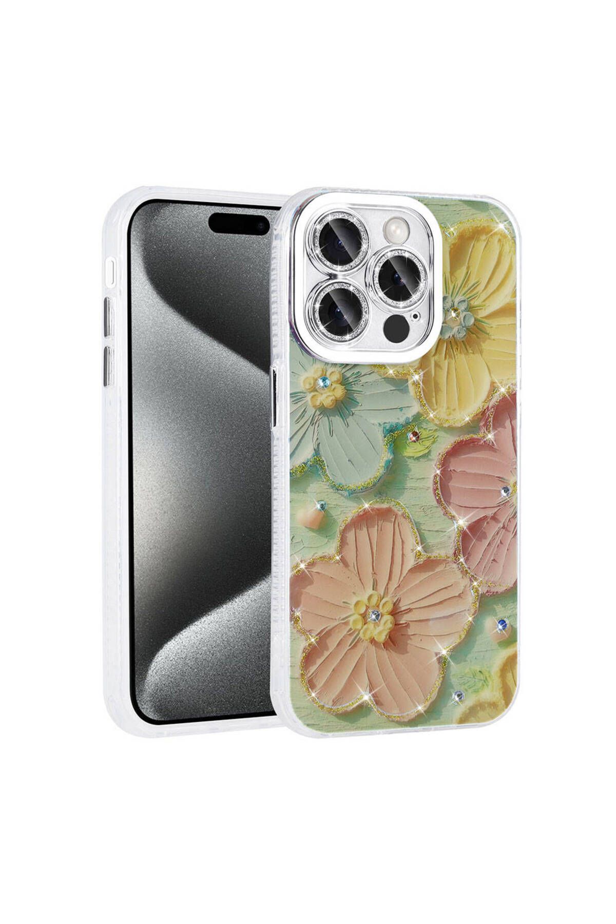 System Com iPhone 15 Pro Max Kılıf Çiçek Desenli Parlak Taşlı Sert Silikon SYS Garden Kapak - Colorful