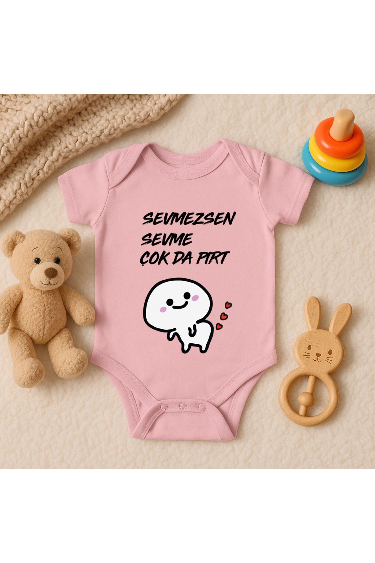 Magic Bravo %100 Pamuk Sevmezsen Sevme Baskılı Pembe Bebek Çıtçıtlı Badi Zıbın Body