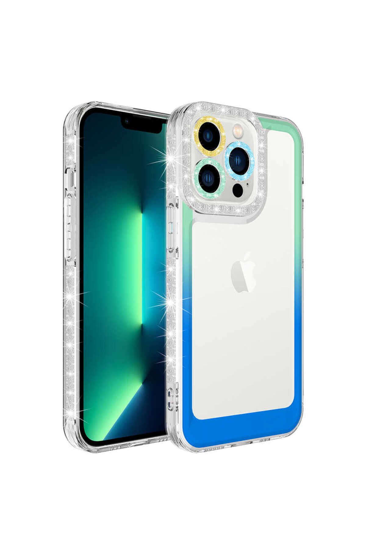 System Com iPhone 13 Pro Max Uyumlu Simli ve Renk Geçiş Tasarımlı LSYS Korumalı SYS Park Kılıf-Yeşil-Mav