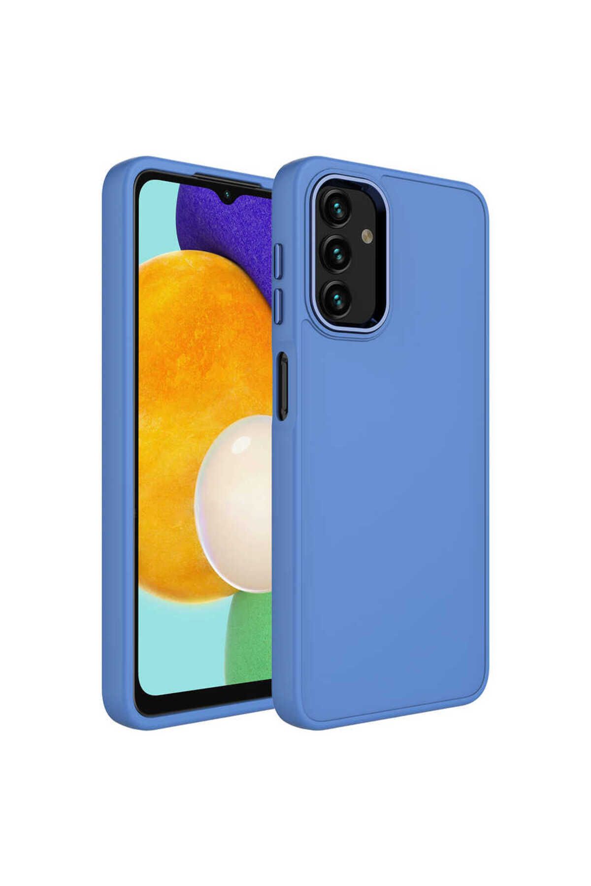 System Com Galaxy A13 4G Kılıf Metal Çerçeve ve Buton Tasarımlı Silikon SYS Luna Kapak - Lavendery Gray
