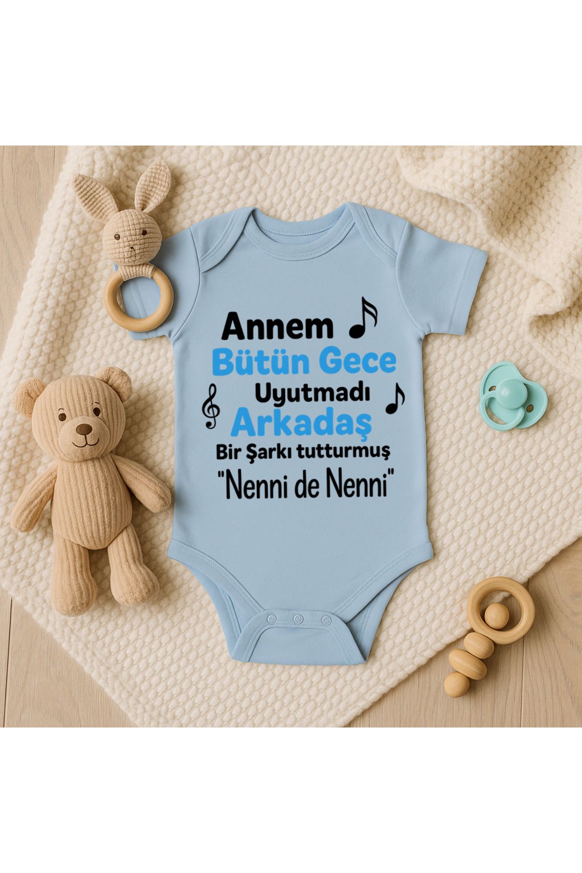 Magic Bravo %100 Pamuk Annem Bütün Gece Uyutmadı Baskılı Mavi Bebek Çıtçıtlı Badi Zıbın Body