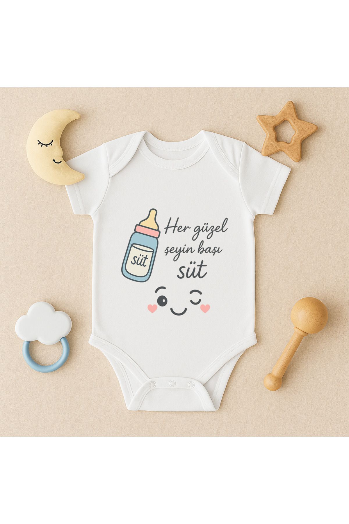 Magic Bravo %100 Pamuk Her Güzel Şeyin Başı Süt Baskılı Beyaz Bebek Çıtçıtlı Badi Zıbın Body
